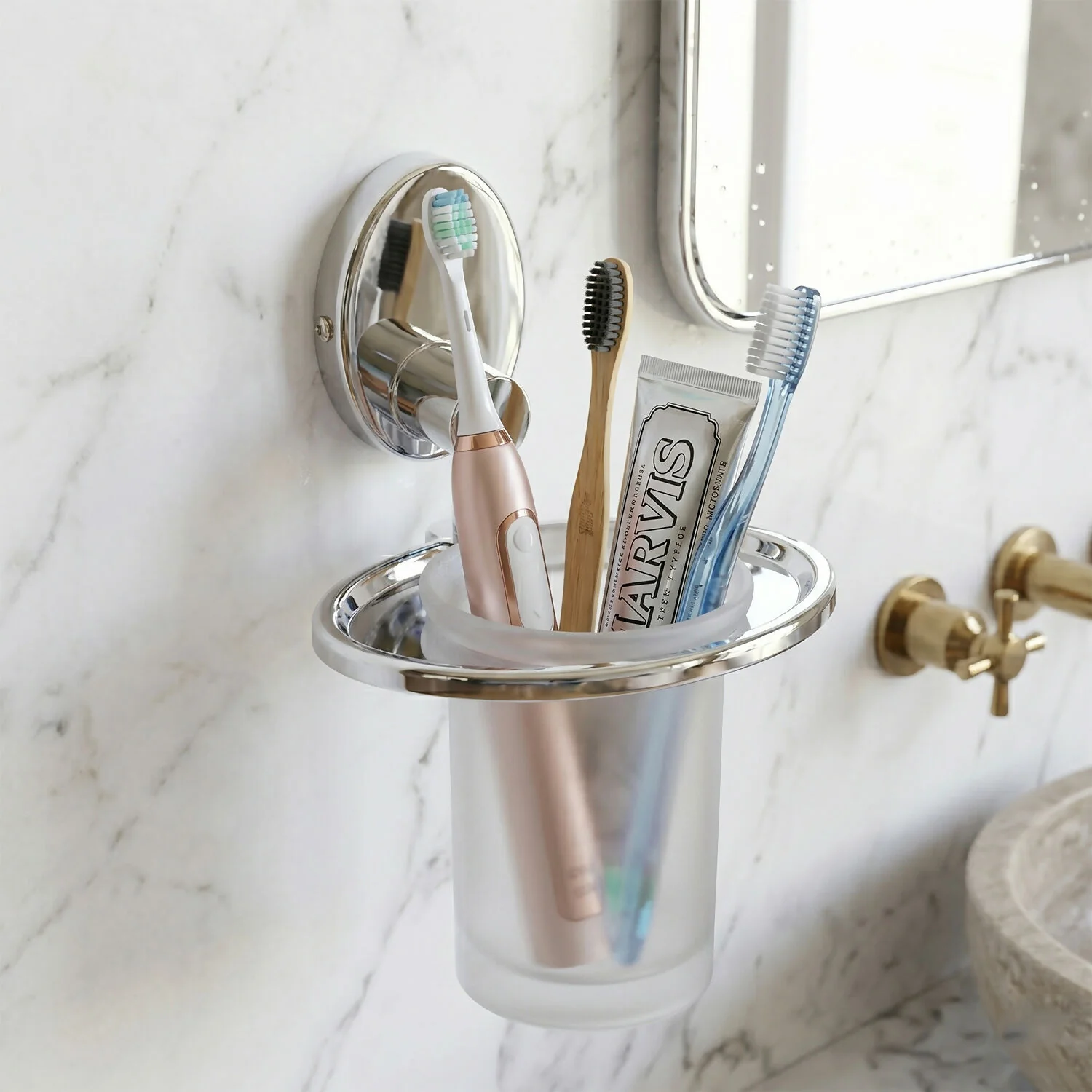 Stainless Steel Wall Mount – Modern Bathroom Organizer with Frosted Glass Tumbler - Image 4