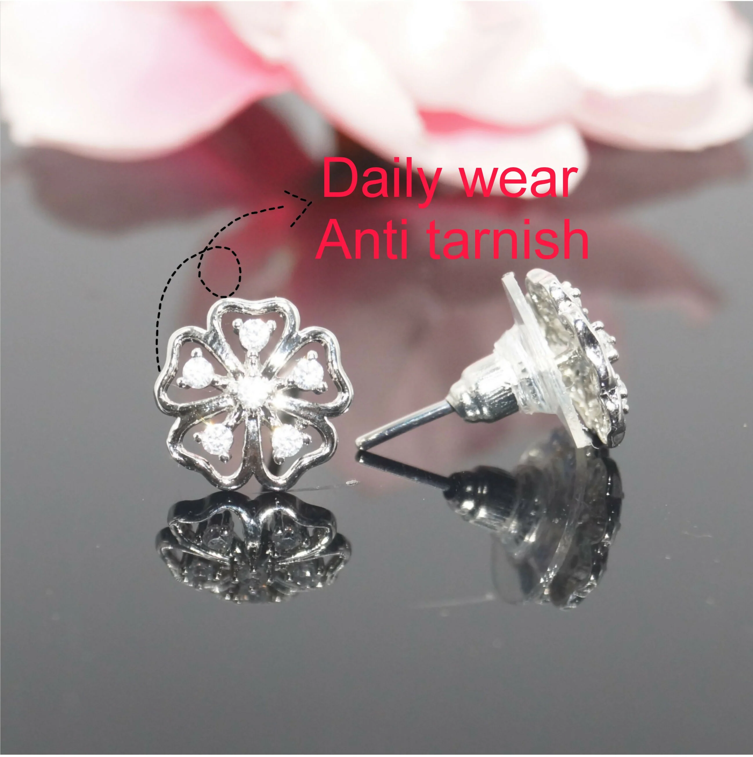 Sterling Silver Floral Stud Earrings – Delicate Cubic Zirconia Design - Image 2