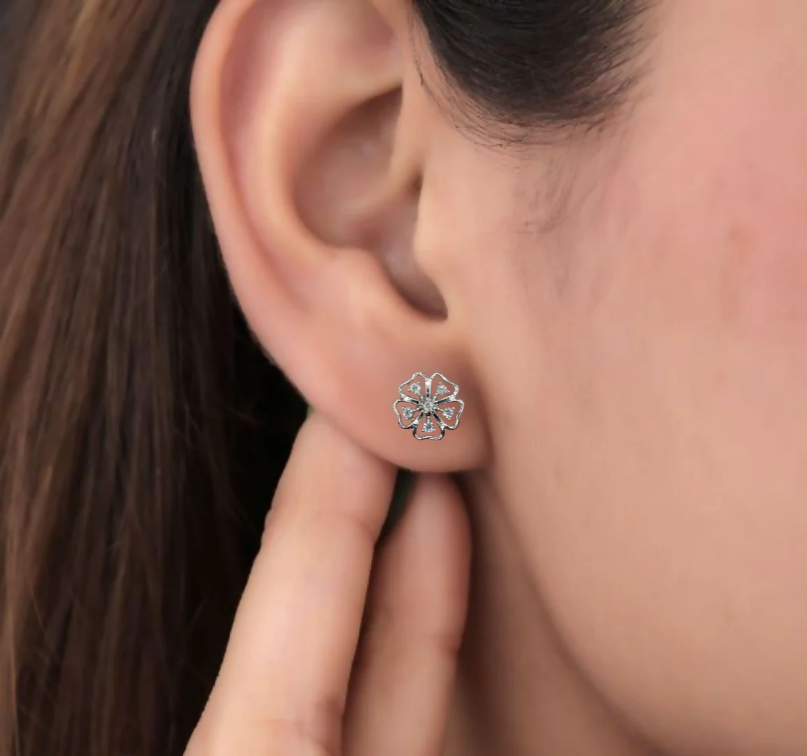 Sterling Silver Floral Stud Earrings – Delicate Cubic Zirconia Design - Image 3