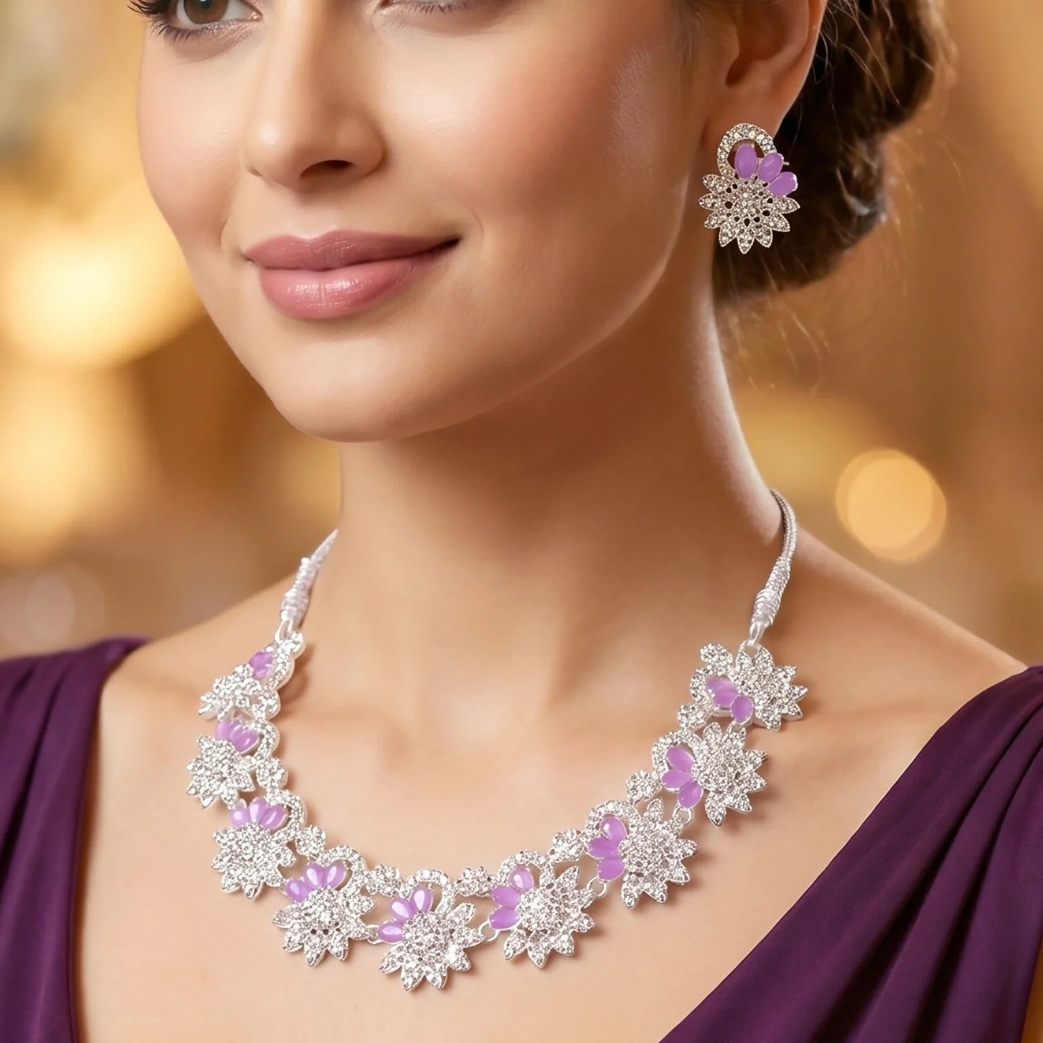 Pink Floral Necklace Set – Elegant for Weddings & Parties - Image 3