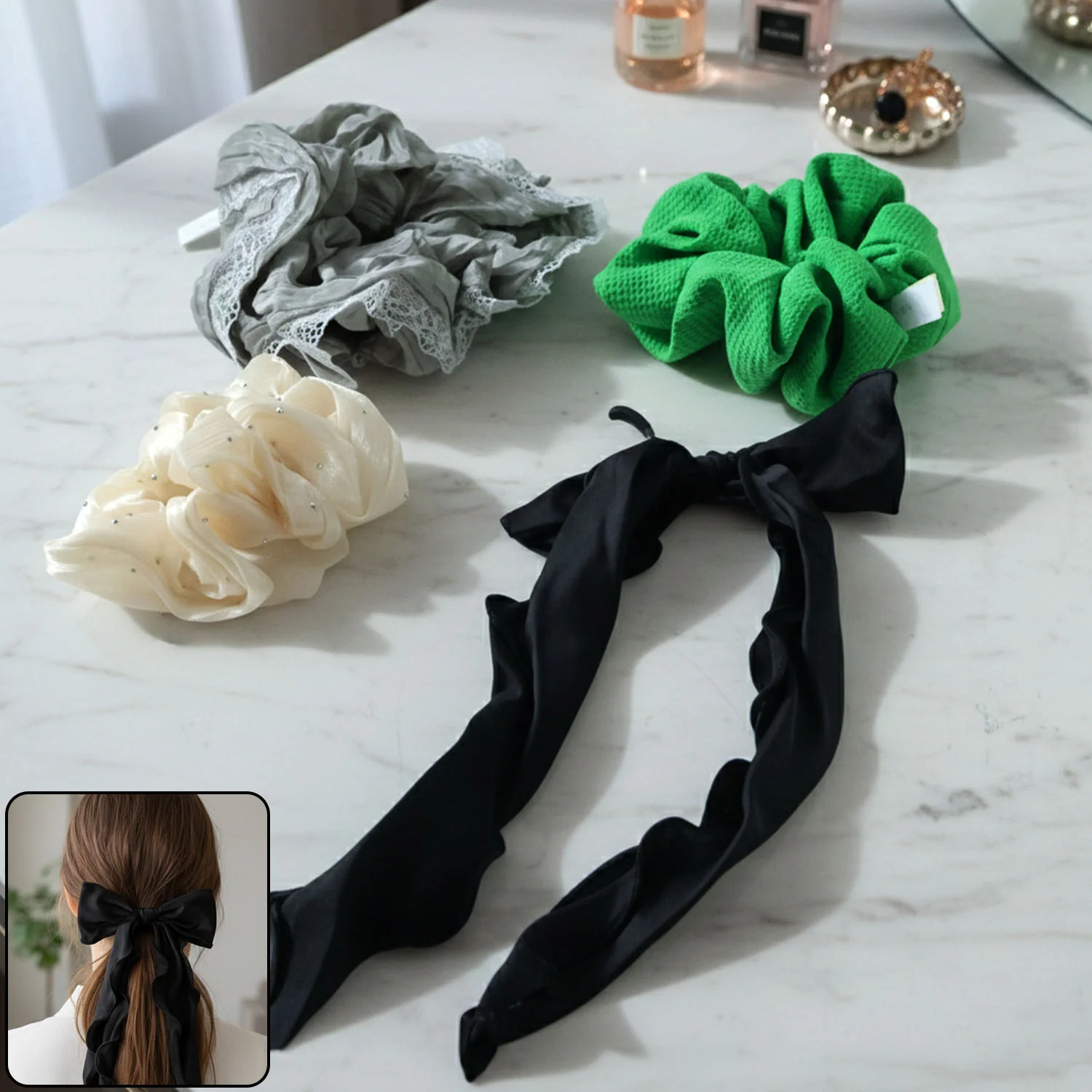 Fabric Hair Scrunchie with Bow Tie – Soft, Stylish Hair Accessory