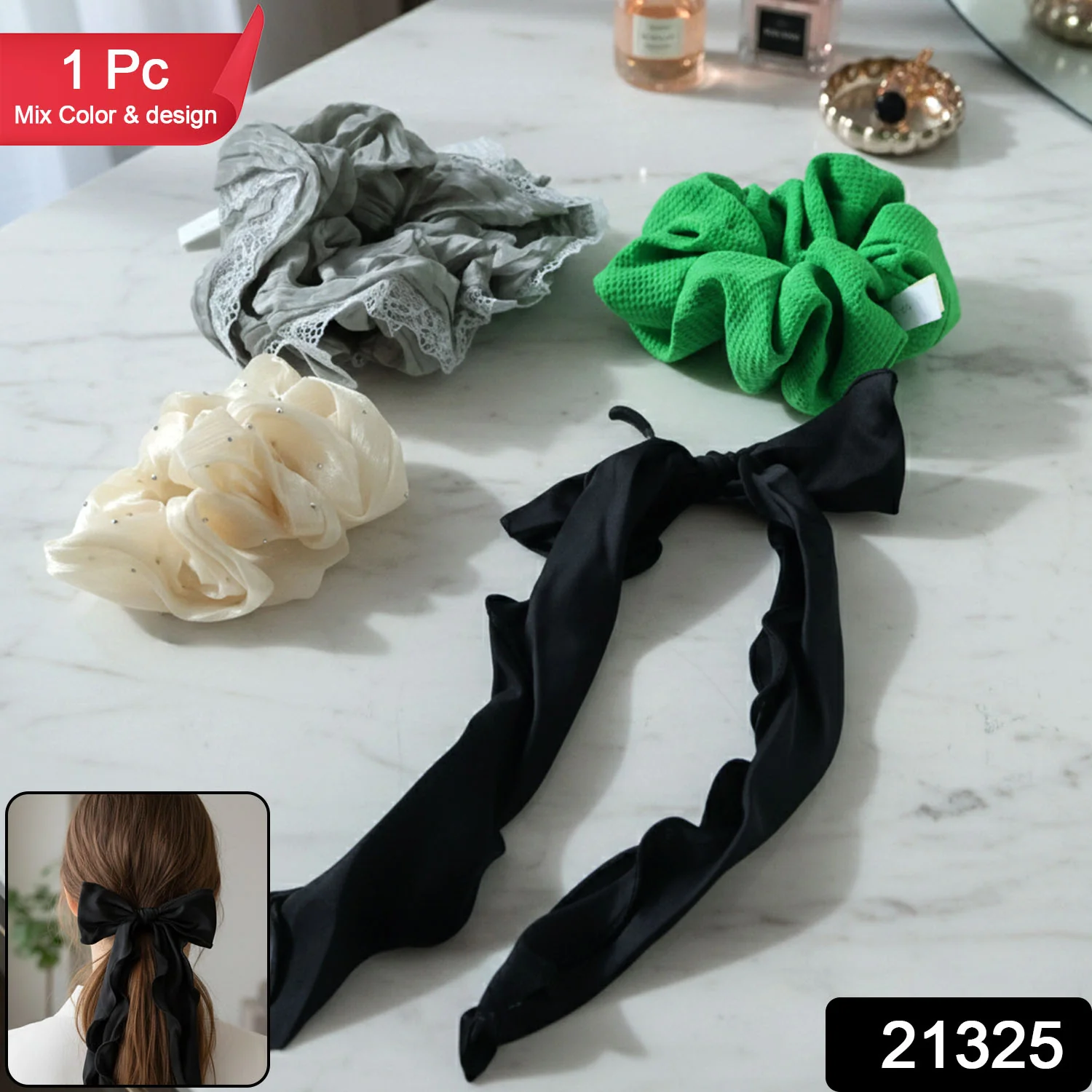 Fabric Hair Scrunchie with Bow Tie – Soft, Stylish Hair Accessory - Image 2