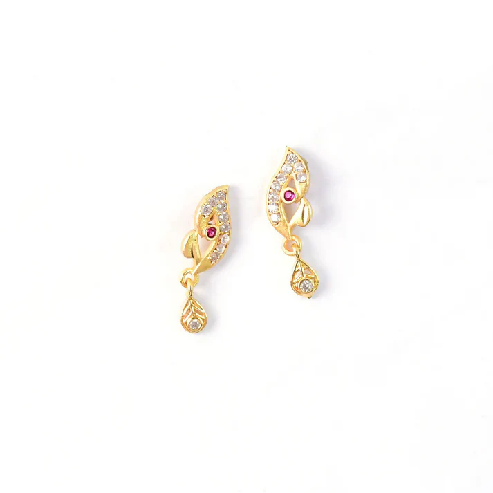Gold Leaf Pattern Earrings – Elegant Stone Work & Drop Charm - Image 5
