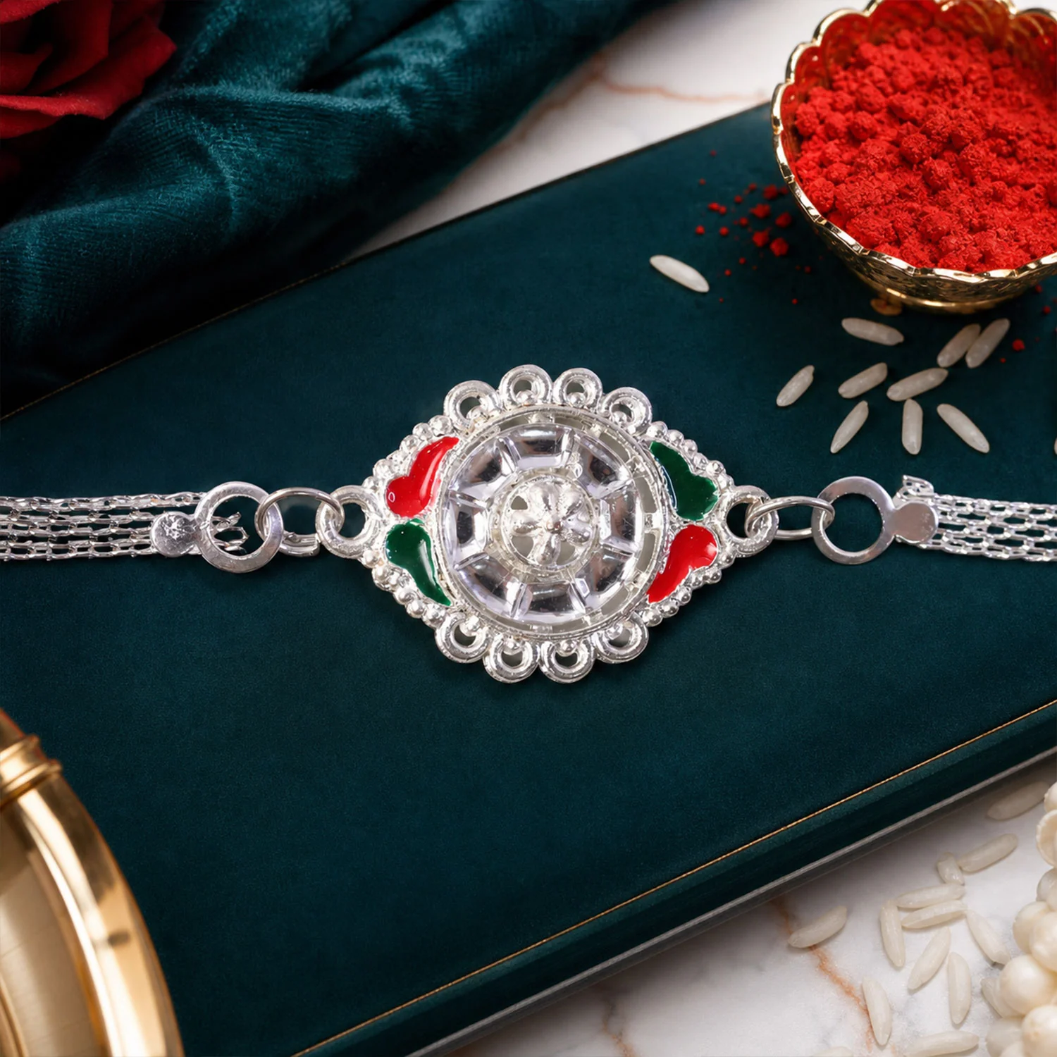 Silver Floral Rakhi – Meenakari & Chain for Brothers - Image 3