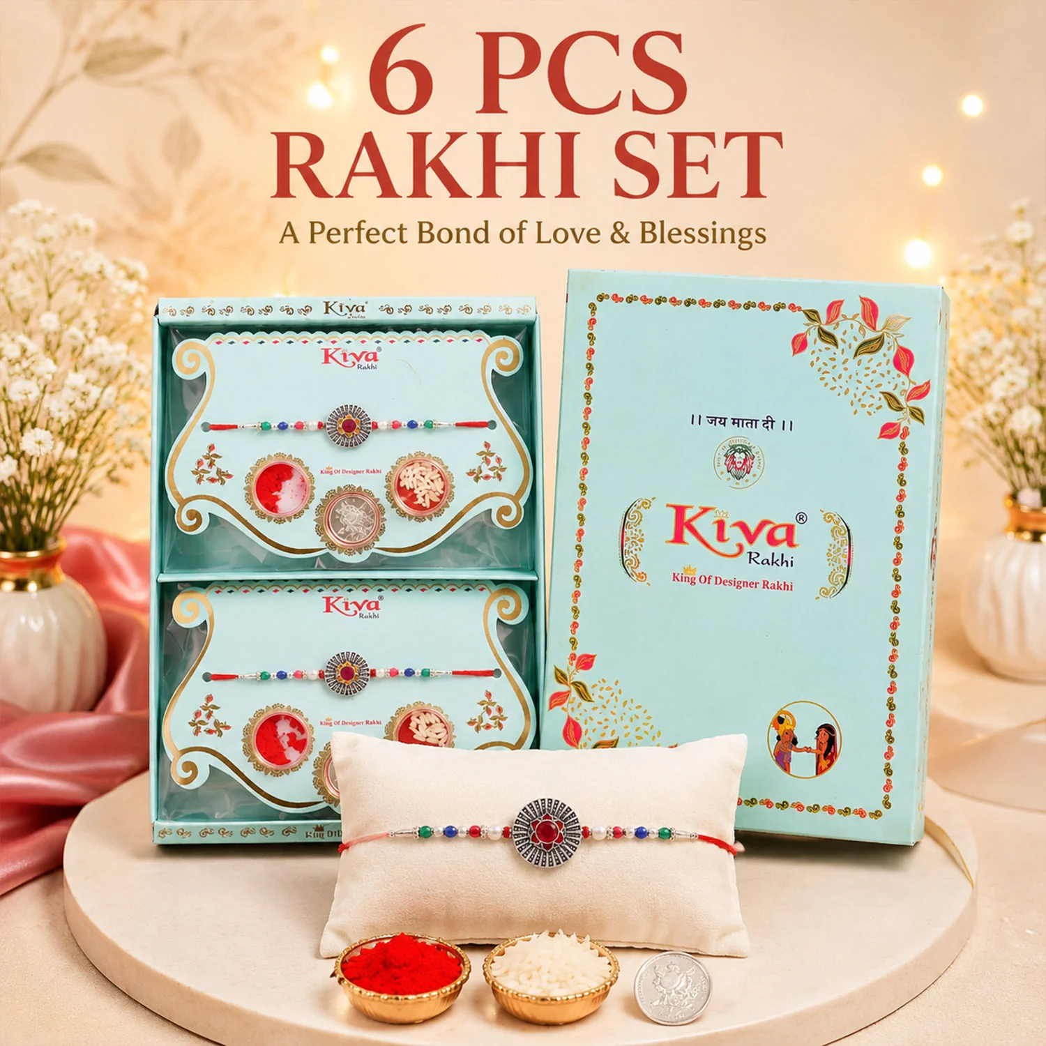 Sunburst Stone Rakhi with Magenta Centre, Pearl Beads, Roli Chawal Coin and Card Packing - Image 2