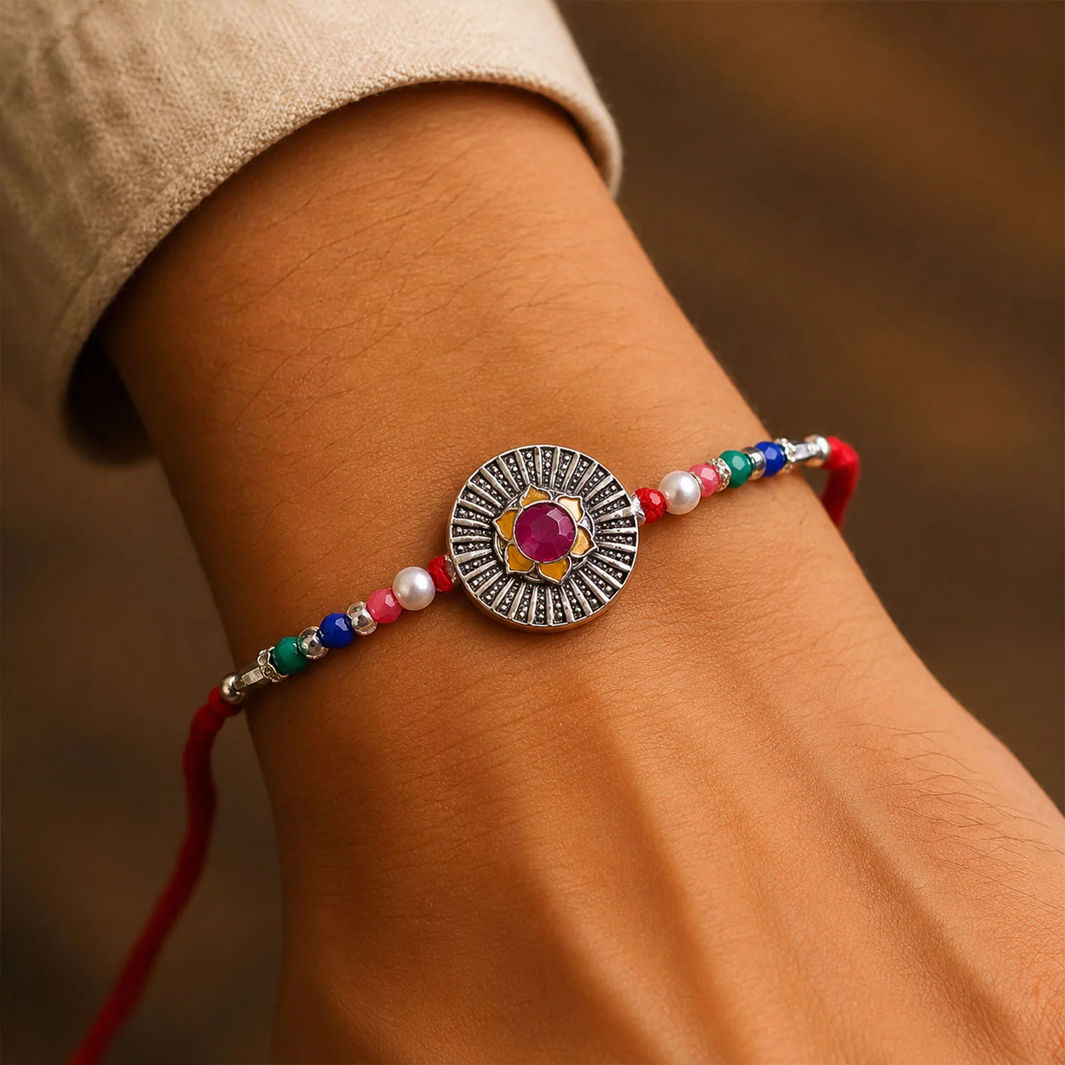Sunburst Stone Rakhi with Magenta Centre, Pearl Beads, Roli Chawal Coin and Card Packing - Image 3