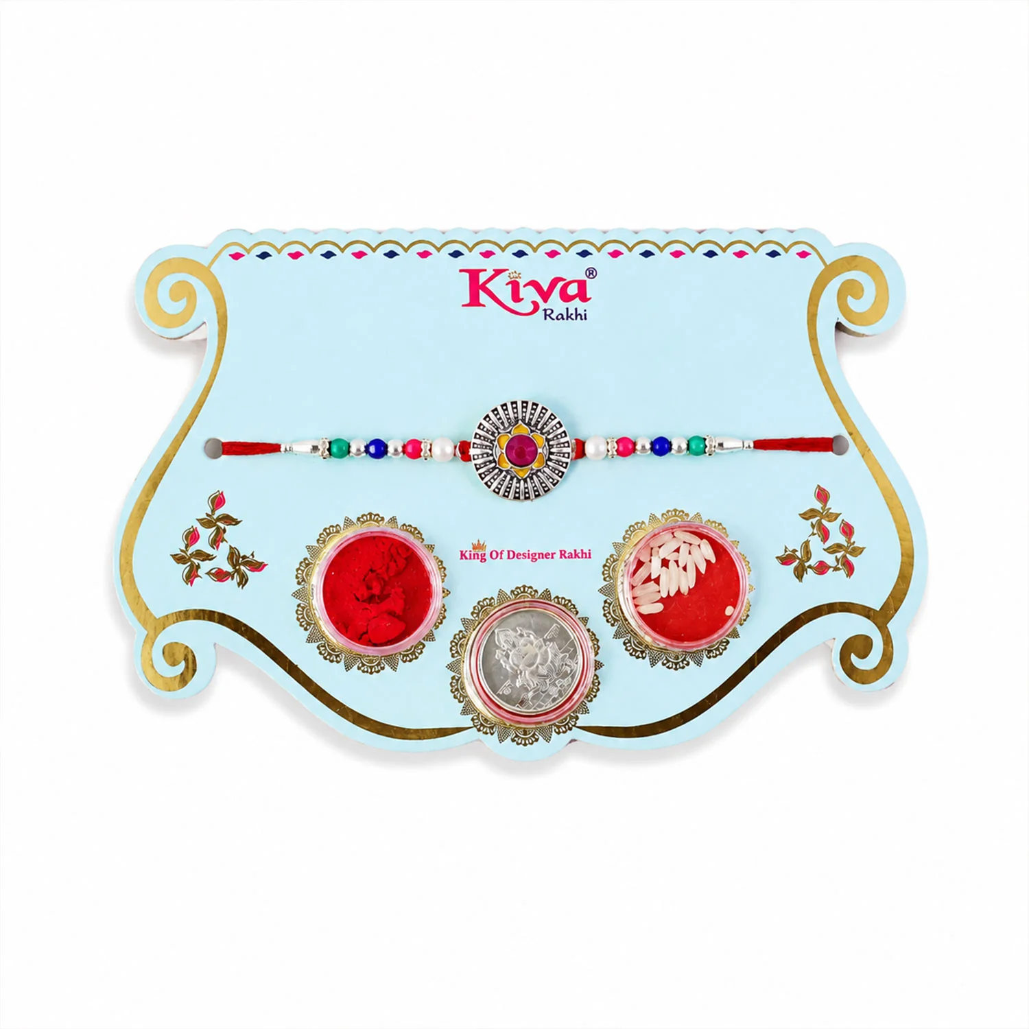 Sunburst Stone Rakhi with Magenta Centre, Pearl Beads, Roli Chawal Coin and Card Packing - Image 5