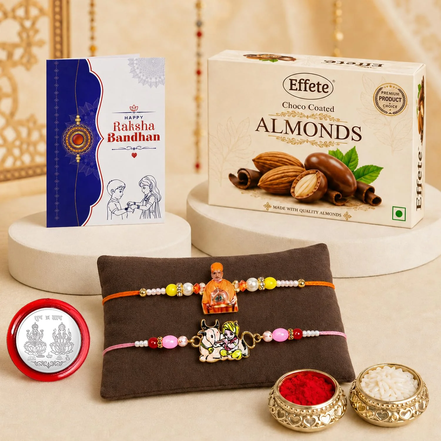 Swami Maharaj Rakhi Combo - Raksha Bandhan Gift with Choco Almonds 32gm, Pack of 6