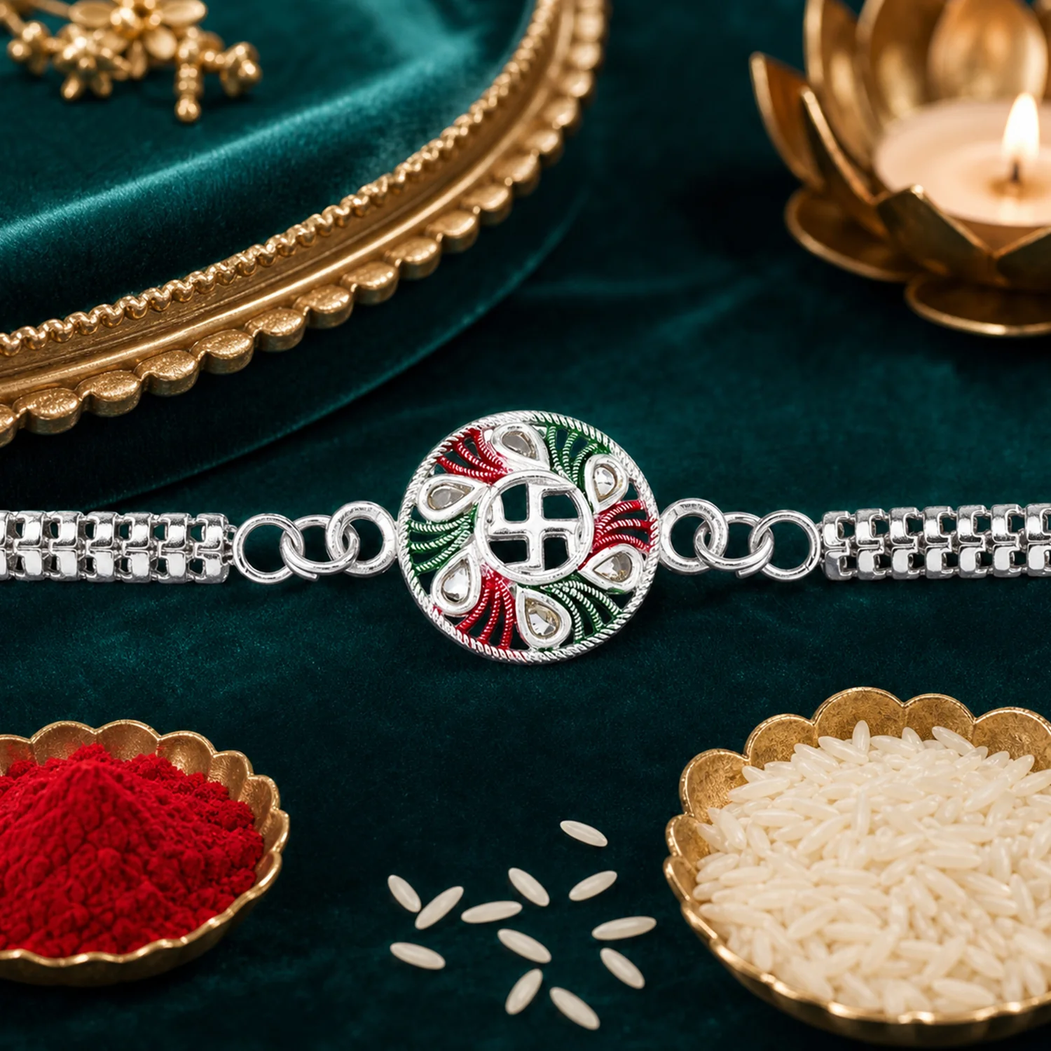 Buy Swastik Rakhi with Tricolor Enamel Silver Chain for Brother - Image 3