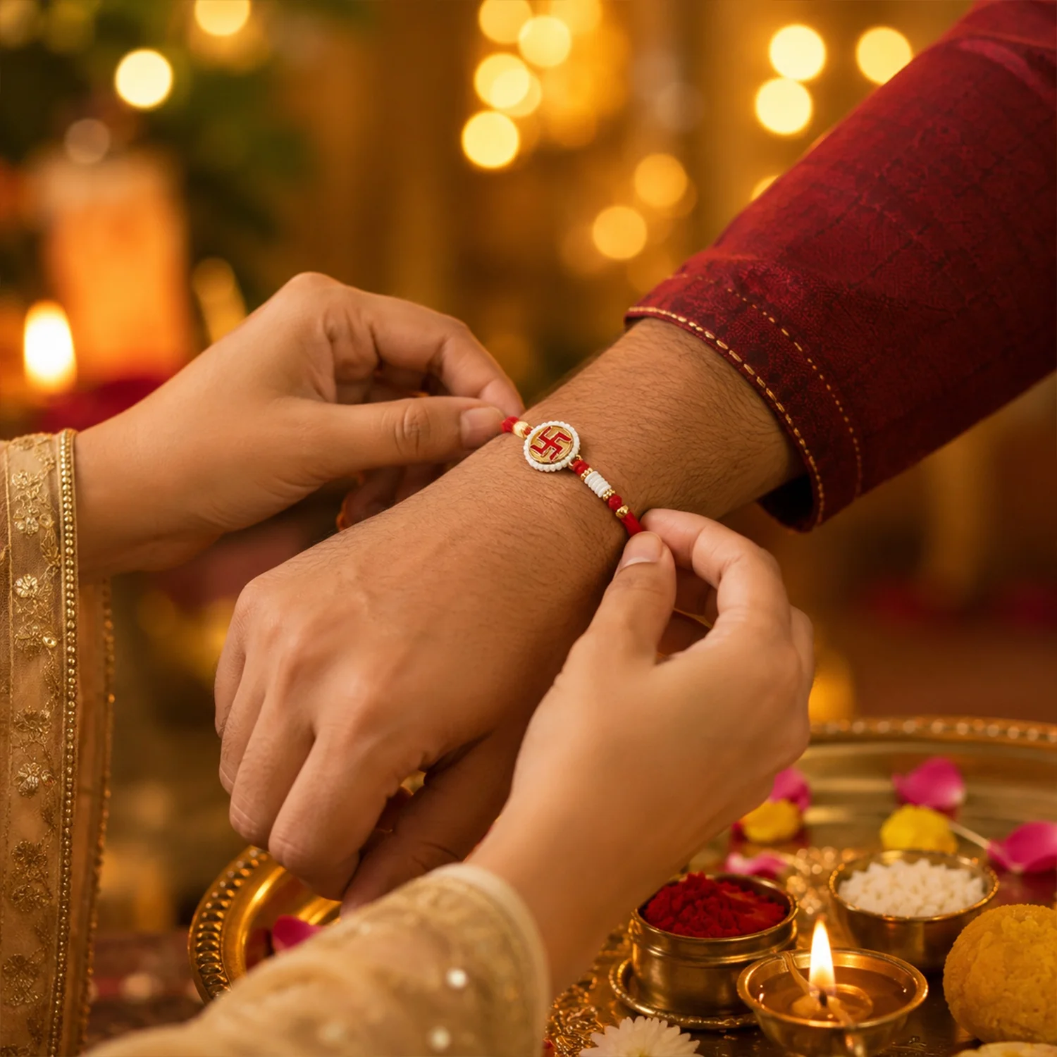 Swastik Pearl Frame Rakhi – Elegant and Traditional Tie for Brothers - Image 2
