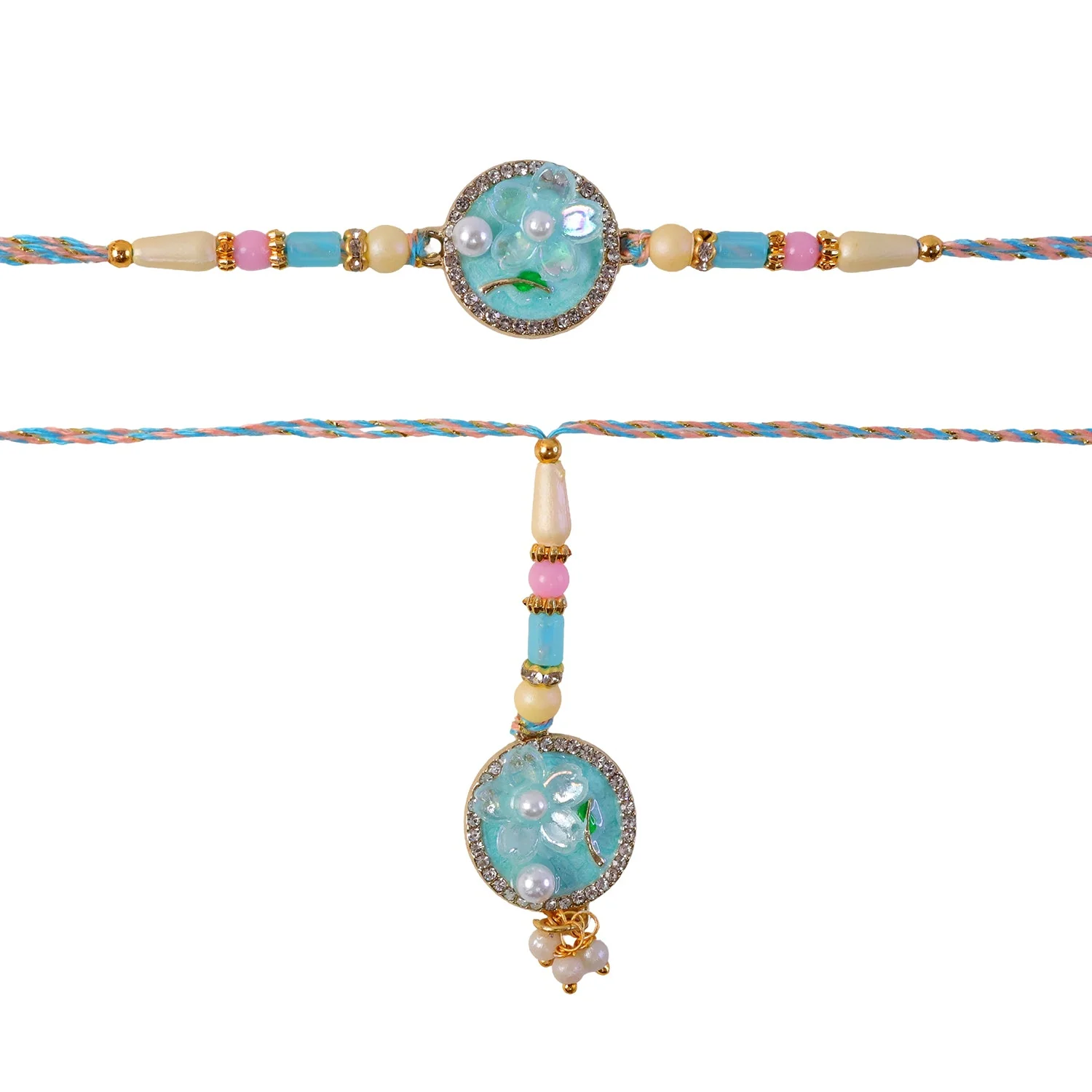Teal Floral Pearl Drops Rakhi – Elegant traditional design for Bhaiya Bhabhi - Image 5