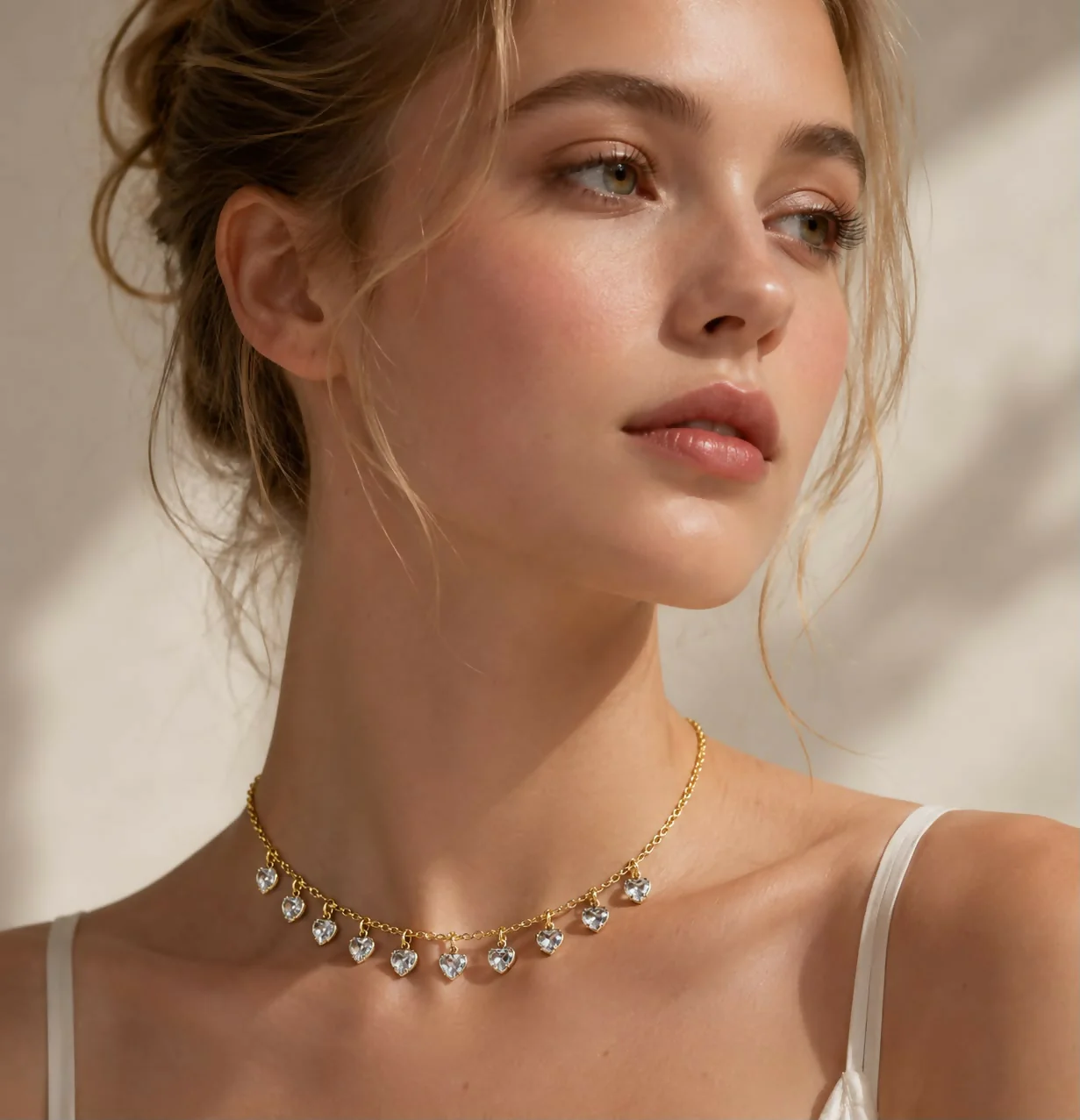 Teal Velvet Gold Heart Charm Necklace – Luxury Crystal Detail