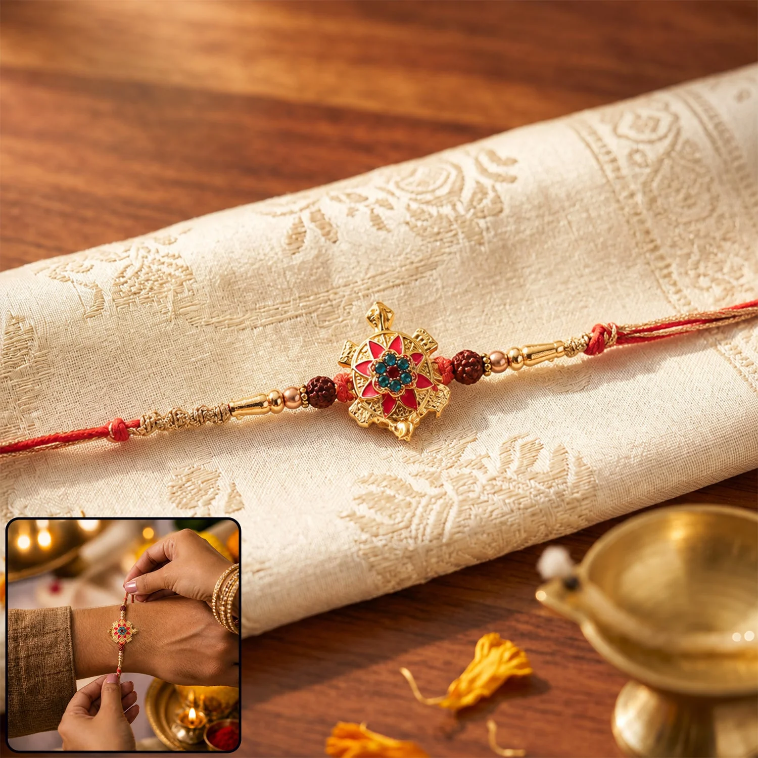 Rakshabandhan Tortoise Flower Stone Rakhi – Elegant Sister Gift