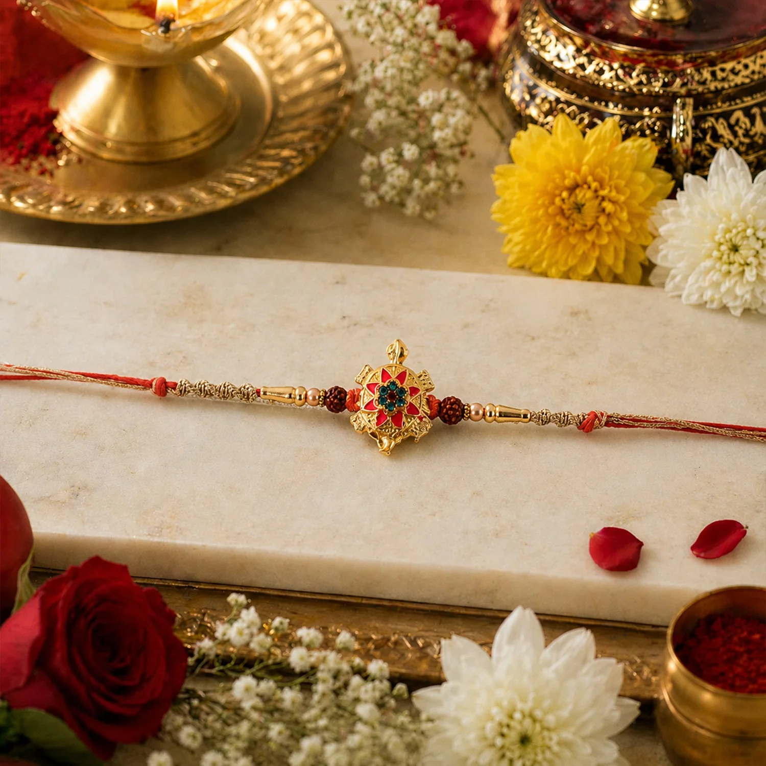 Rakshabandhan Tortoise Flower Stone Rakhi – Elegant Sister Gift - Image 2