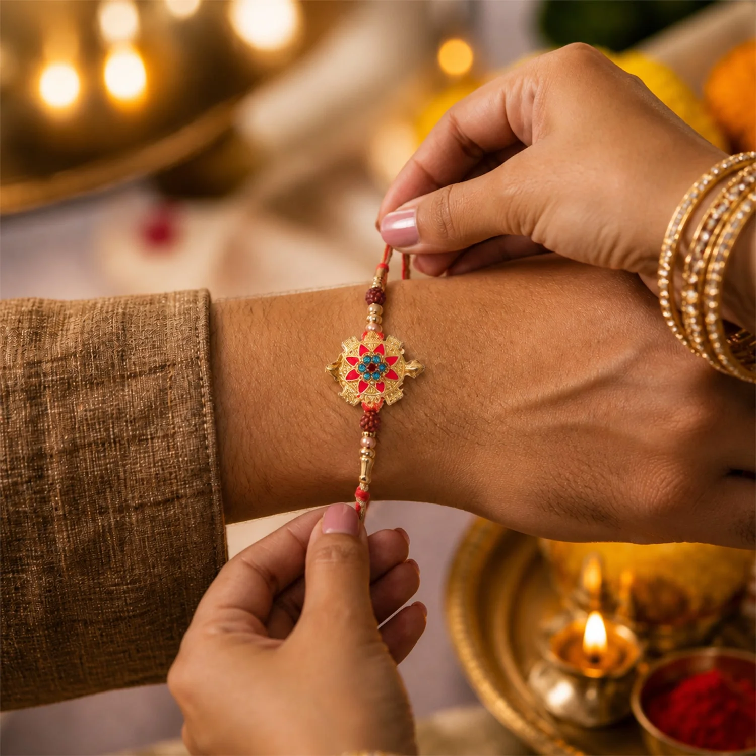 Rakshabandhan Tortoise Flower Stone Rakhi – Elegant Sister Gift - Image 3
