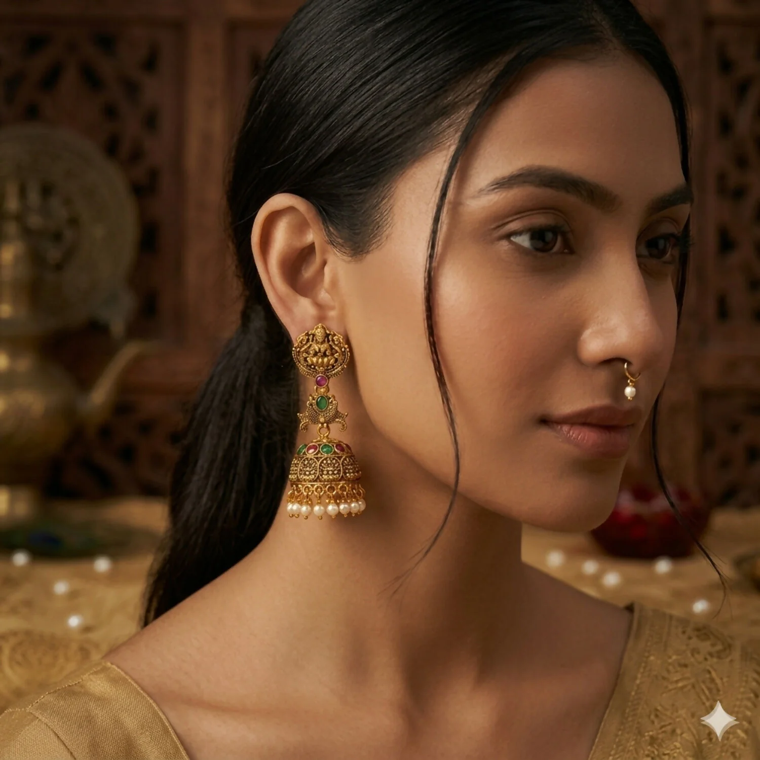 Tradditional Antique Matte Gold Plated Lakshmi Peacock Temple Jhumk... - Image 2