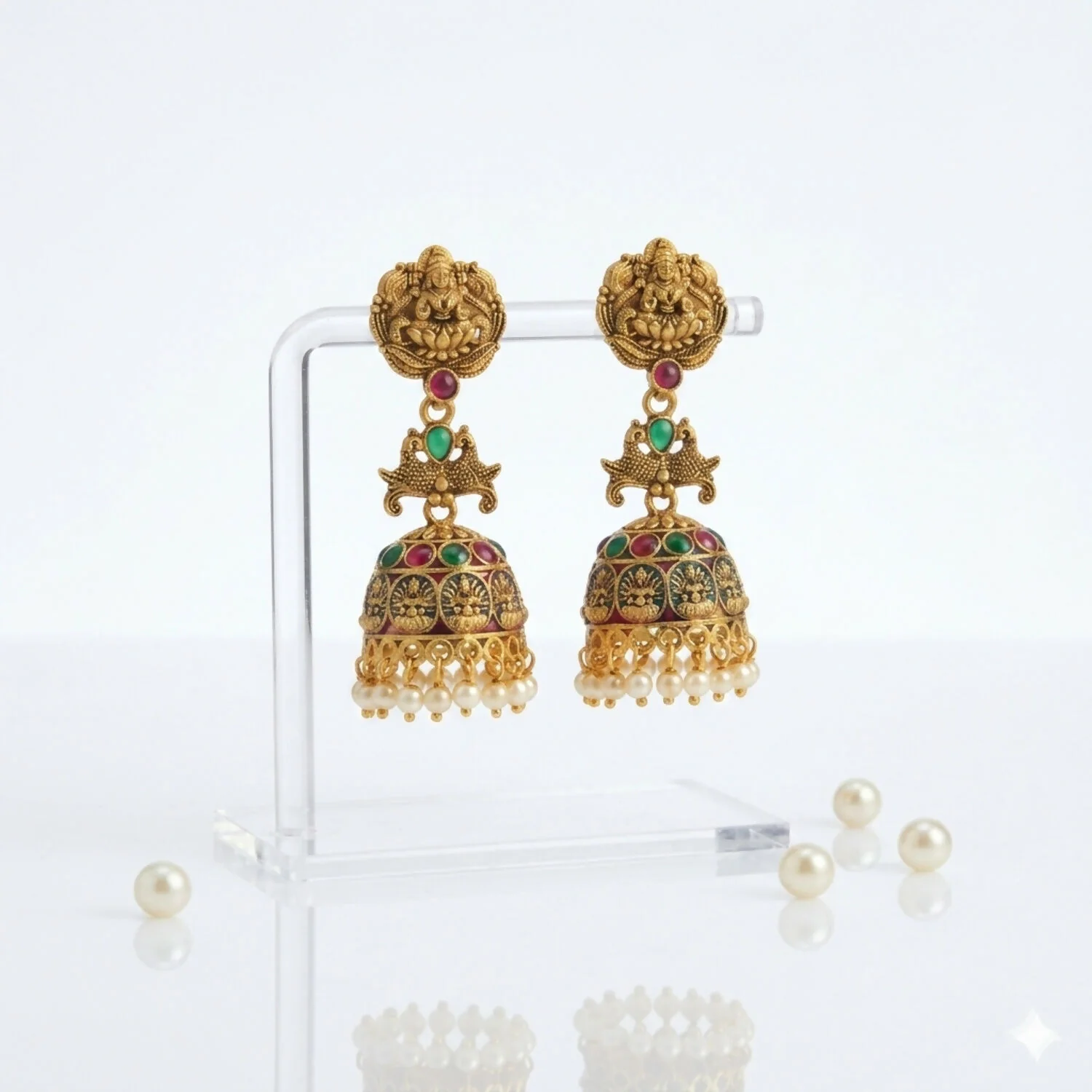 Tradditional Antique Matte Gold Plated Lakshmi Peacock Temple Jhumk... - Image 3