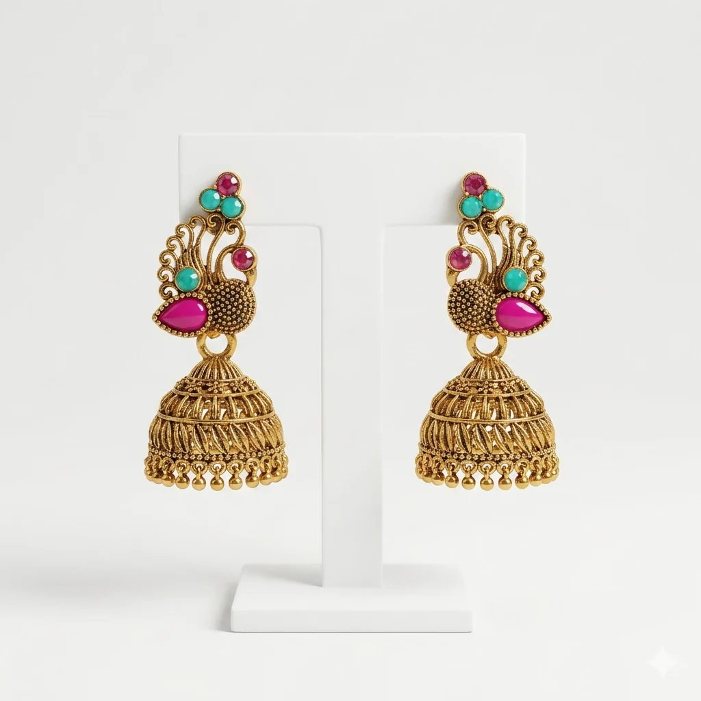 Traditional Antique Gold-Plated Peacock Jhumka Earrings with Pink & Turquoise Accents - Image 3