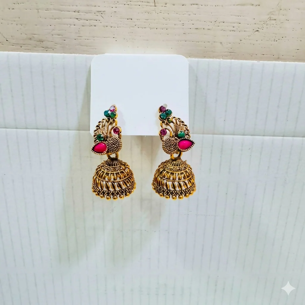 Traditional Antique Gold-Plated Peacock Jhumka Earrings with Pink & Turquoise Accents - Image 4