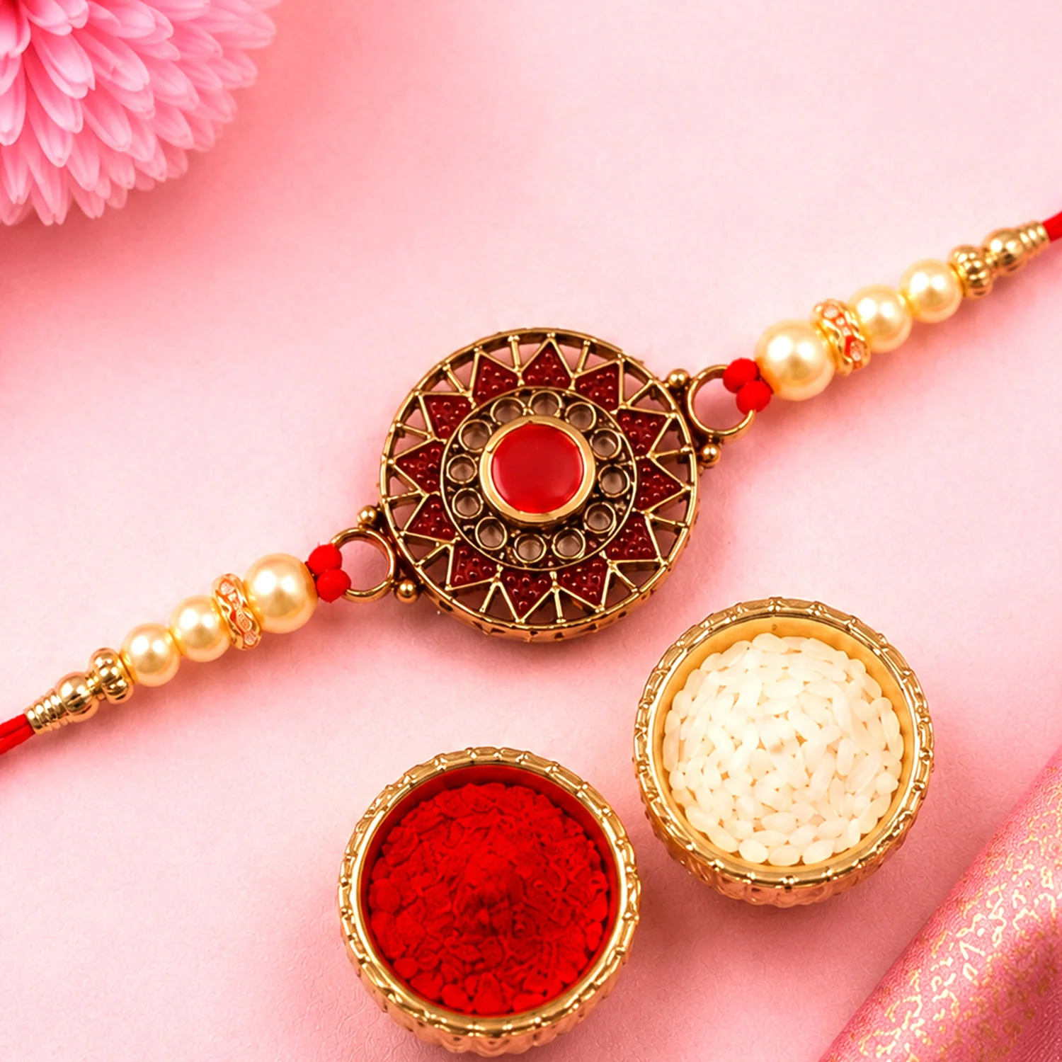 Traditional Rakhi Red Stone Pearl Beads with Gold Detailing - Image 2