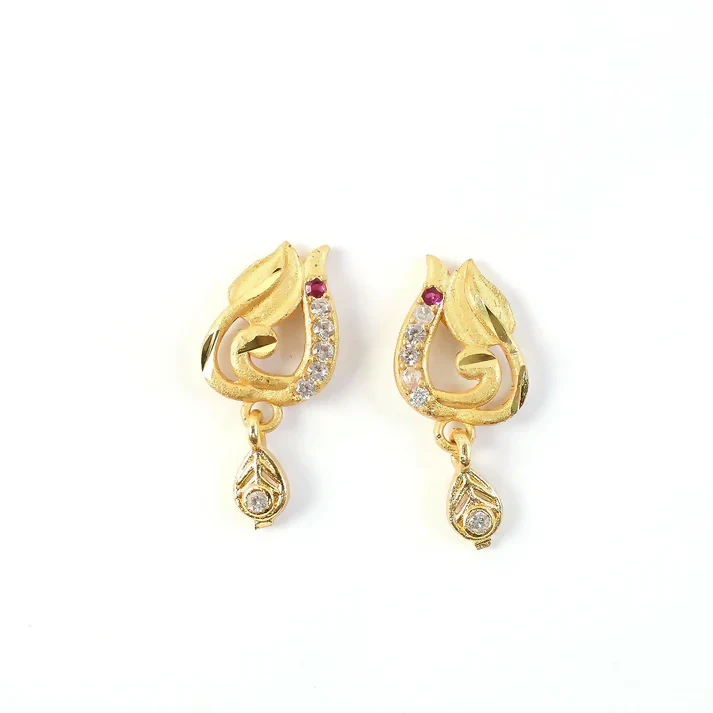 Gold Leaf Style Stud Earrings with Crystal Detailing and Drop Charm - Image 5