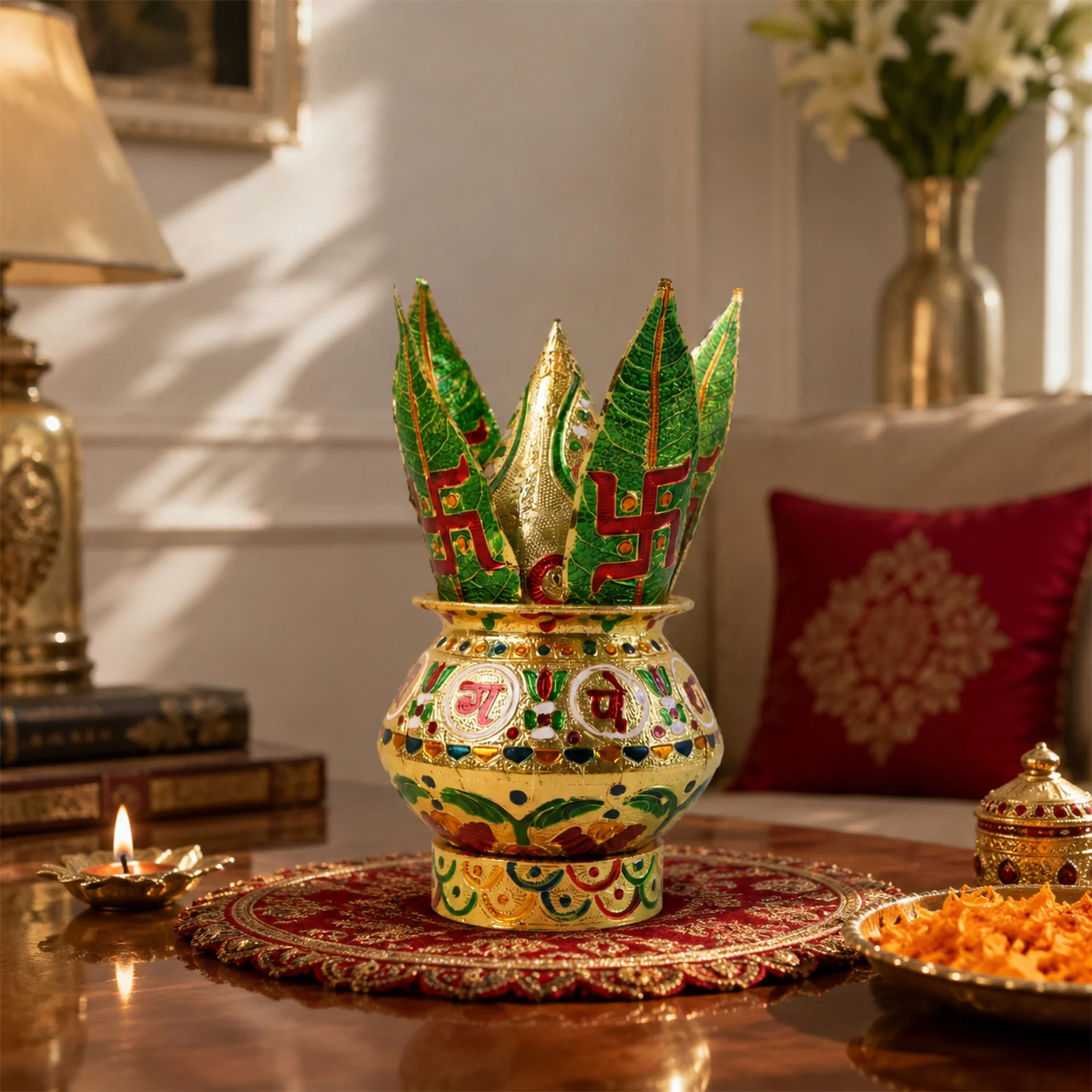 Traditional Decorative Pooja Kalash – Ornate Lotus Crown Design - Image 3