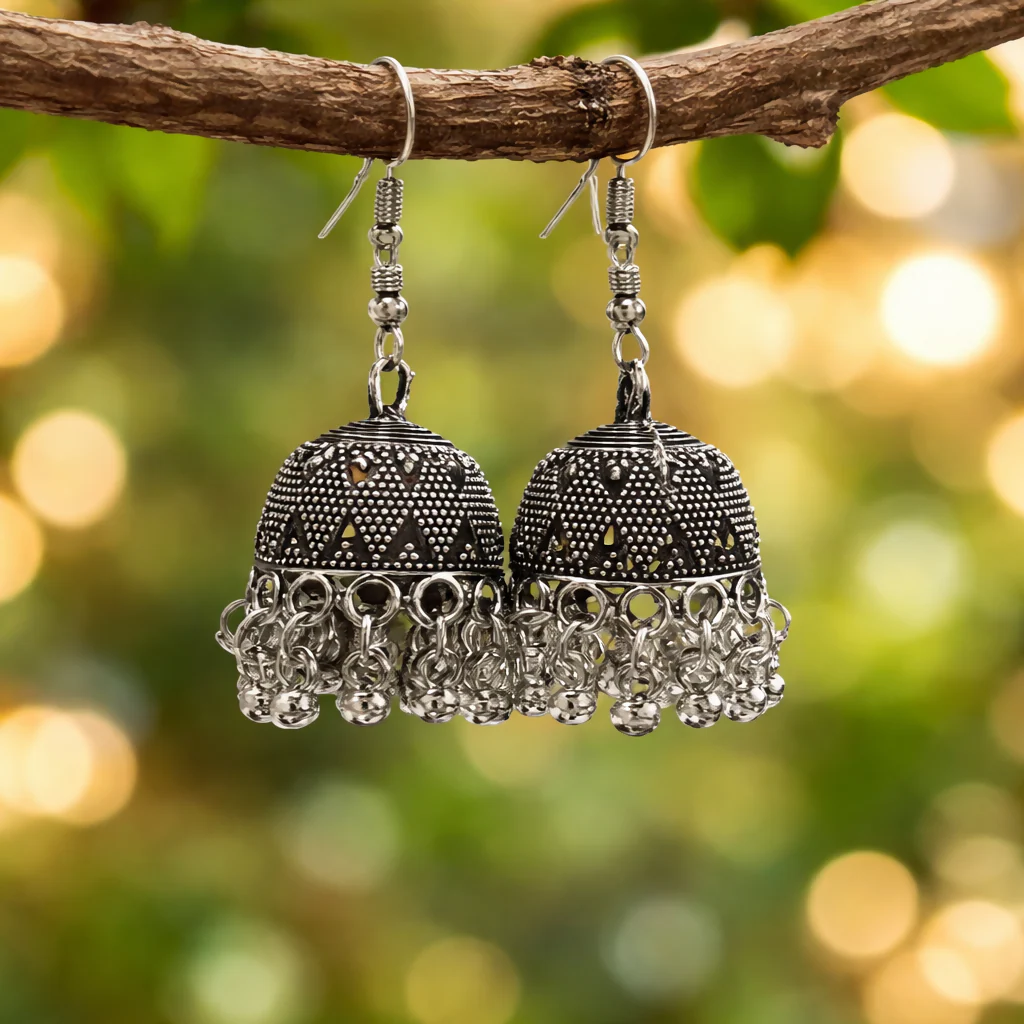Oxidised Silver Jhumka Earrings – Elegant Traditional Design - Image 3