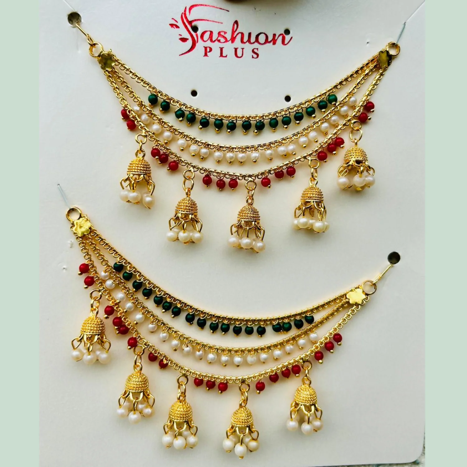 Gold Finish Tricolor Pearl Jhumki Kanchain – Elegant Traditional Anklet - Image 3