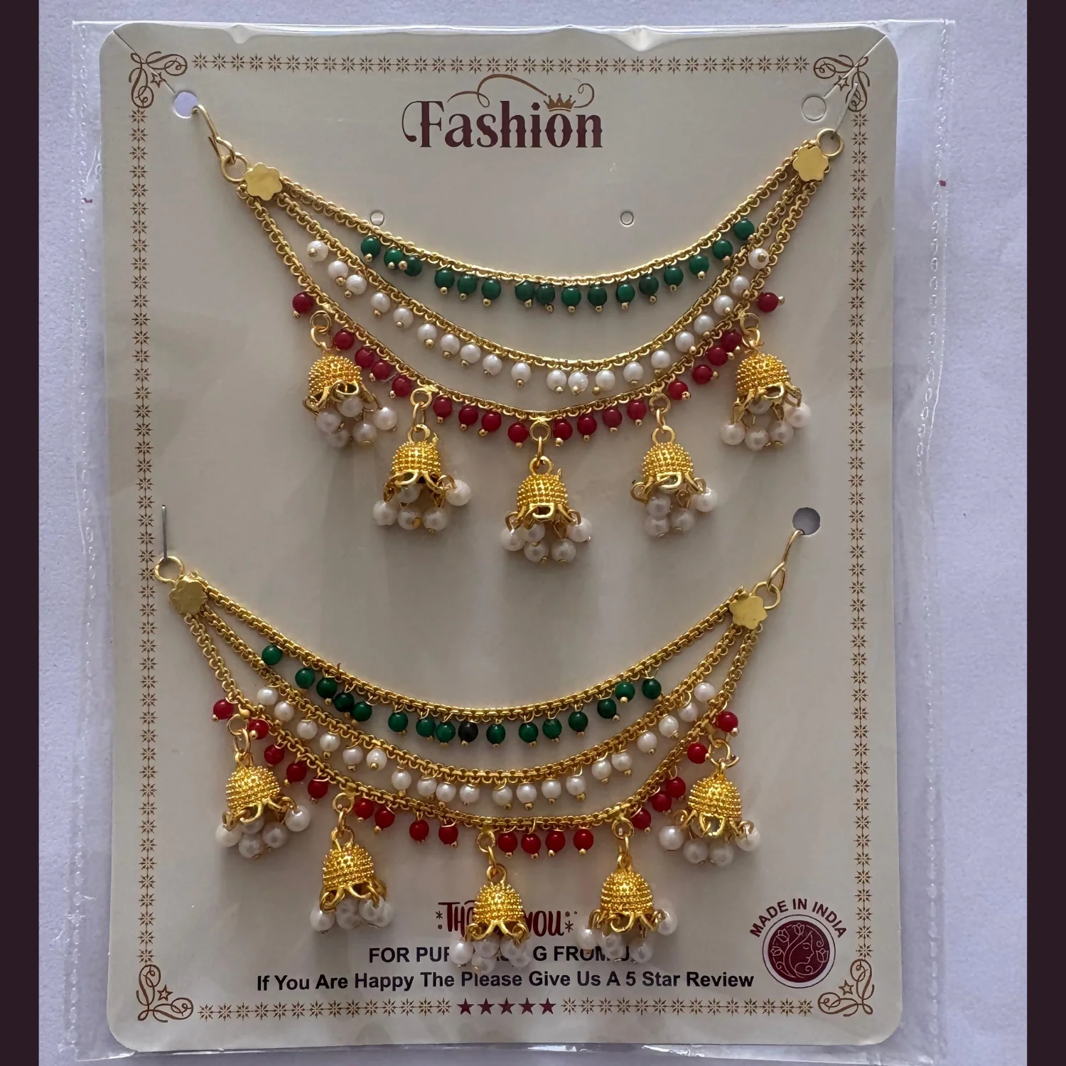 Gold Finish Tricolor Pearl Jhumki Kanchain – Elegant Traditional Anklet - Image 5