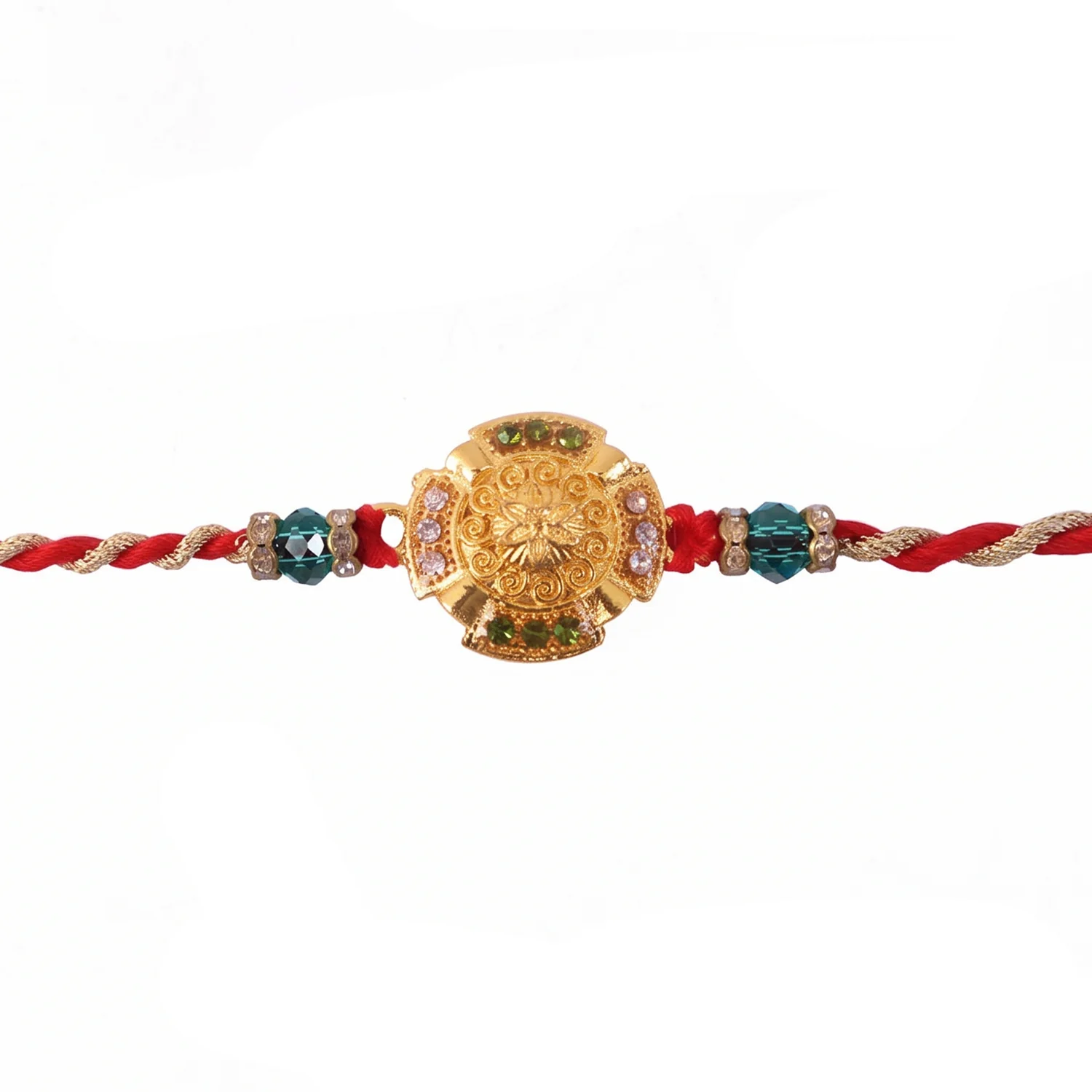 Traditional Gold Floral Rakhi, Elegant Green Bead Design for Raksha - Image 5