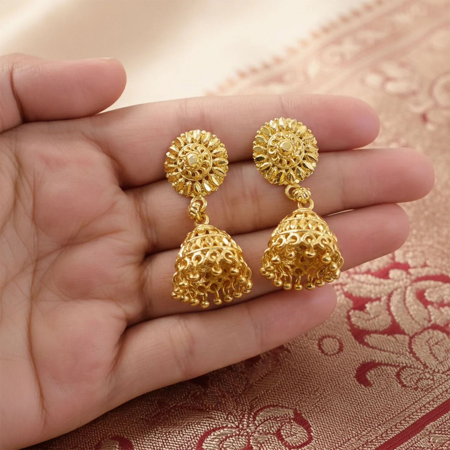 Gold Plated Jhumka Earrings – Ethnic Festive Jewelry for Women - Image 3