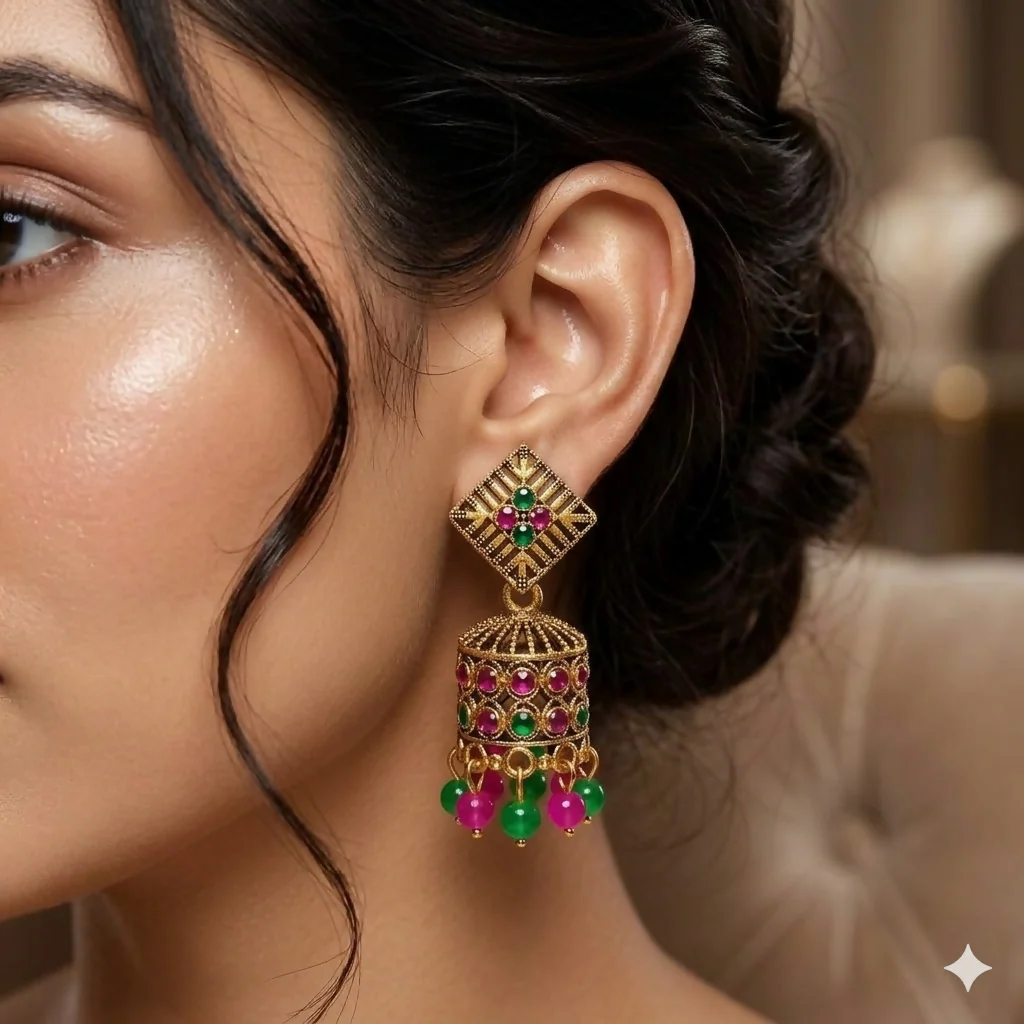 Traditional Gold-Plated Jhumka Earrings with Pink & Green Kundan Accents and Hanging Beads - Image 2