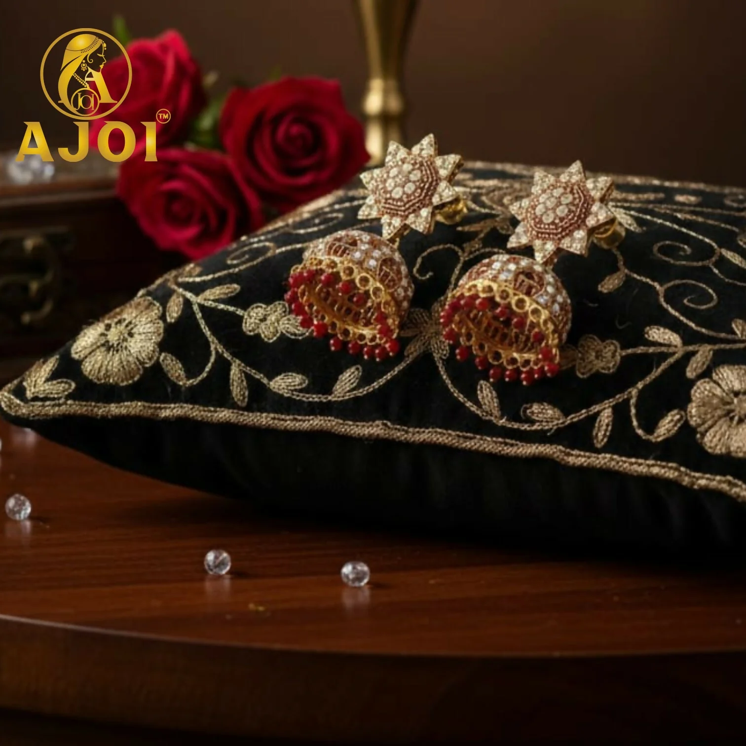 Kundan Jhumka Earrings – Traditional Gold Plated with Red Bead Drops - Image 3