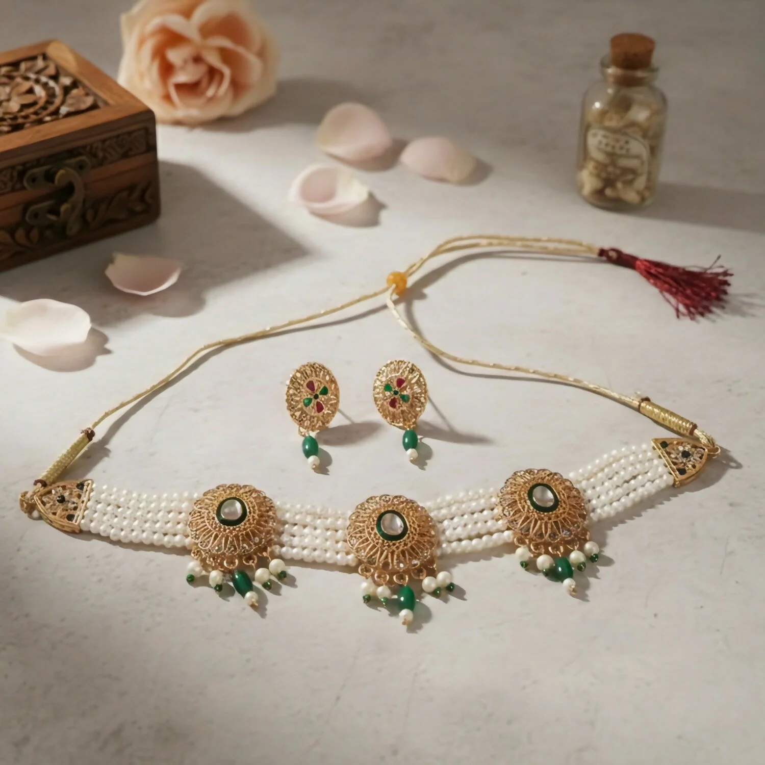 Kundan Pearl Choker Necklace Set – Elegant Gold-Plated Jewelry - Image 2