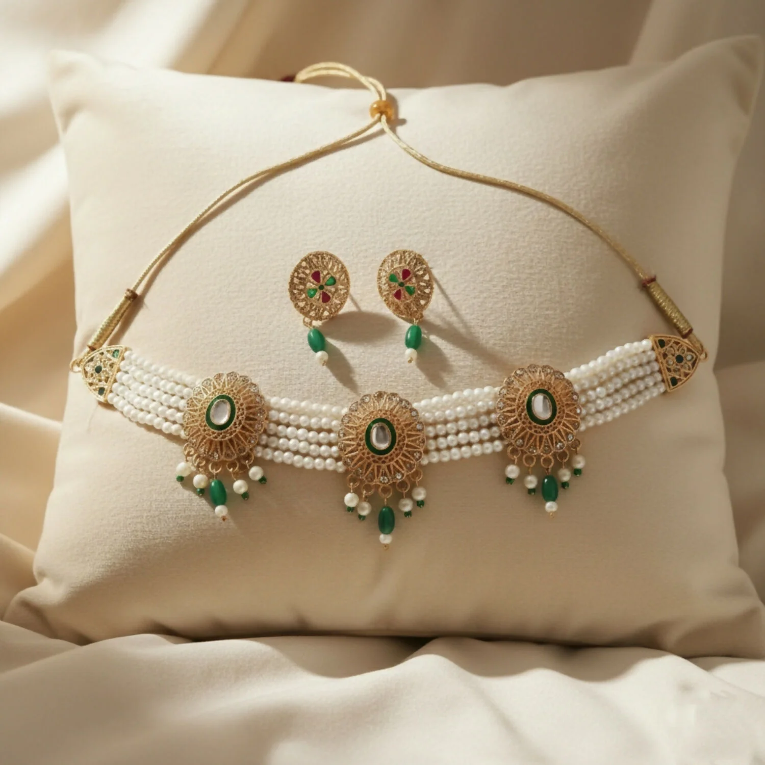 Kundan Pearl Choker Necklace Set – Elegant Gold-Plated Jewelry - Image 3