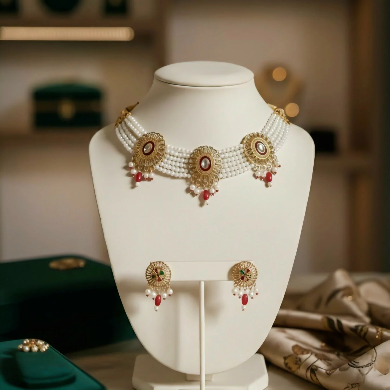 Kundan Pearl Choker Necklace Set – Traditional Red & Gold Elegance - Image 3