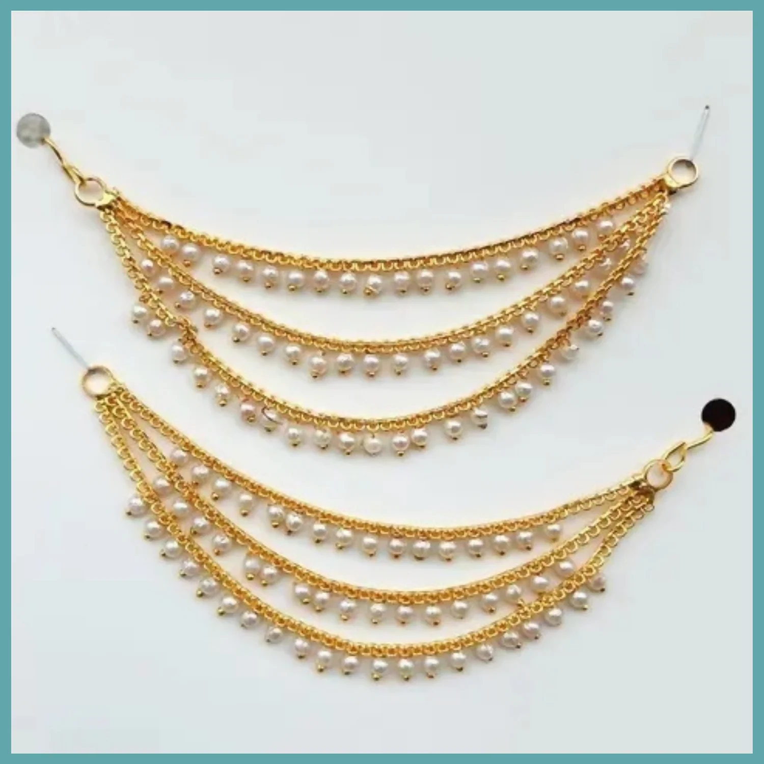 Gold Plated Ruby Emerald Stone Ear Chain – Traditional 3 Layer Drop Jewellery - Image 3