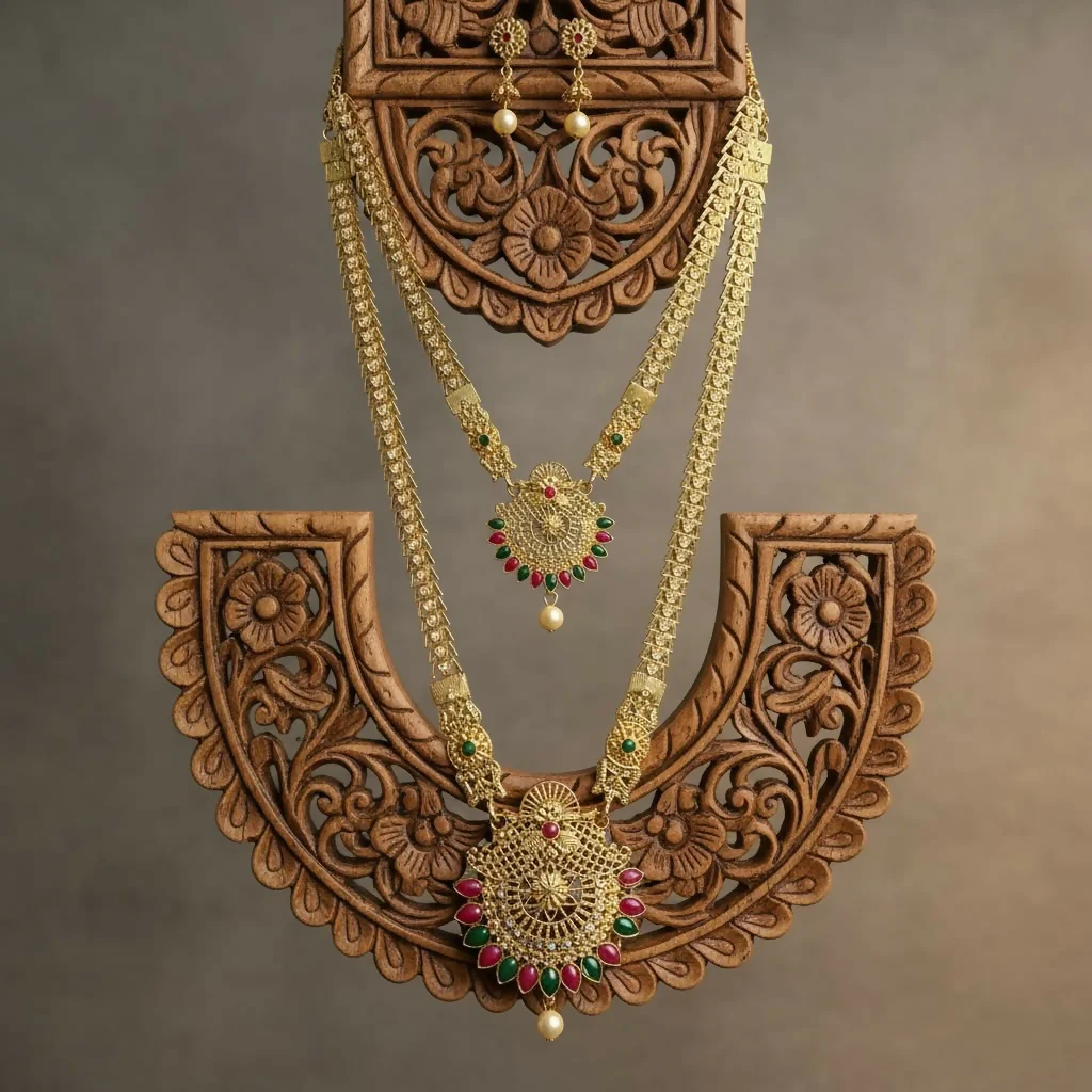 Traditional Gold Plated Long Necklace Set for Women with Earrings Elegant Jewellery
