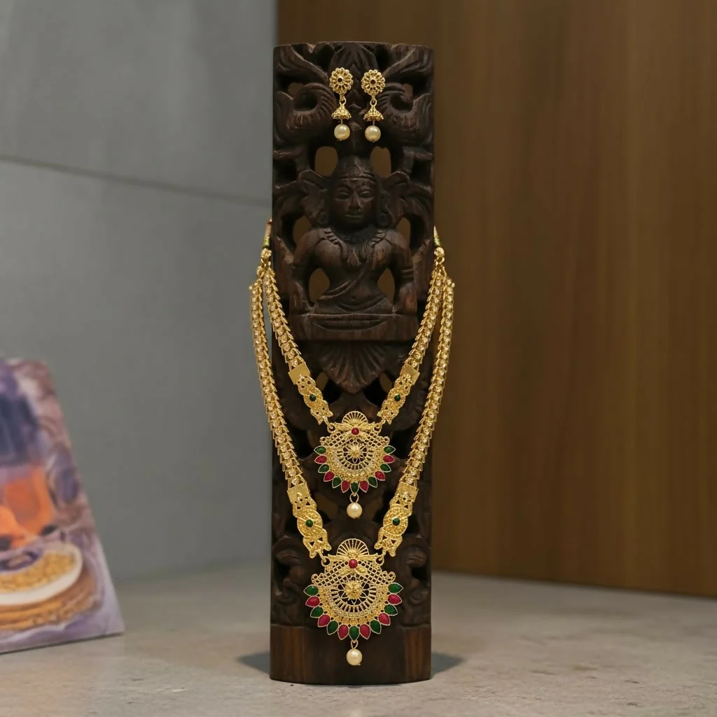 Traditional Gold Plated Long Necklace Set for Women with Earrings Elegant Jewellery - Image 2