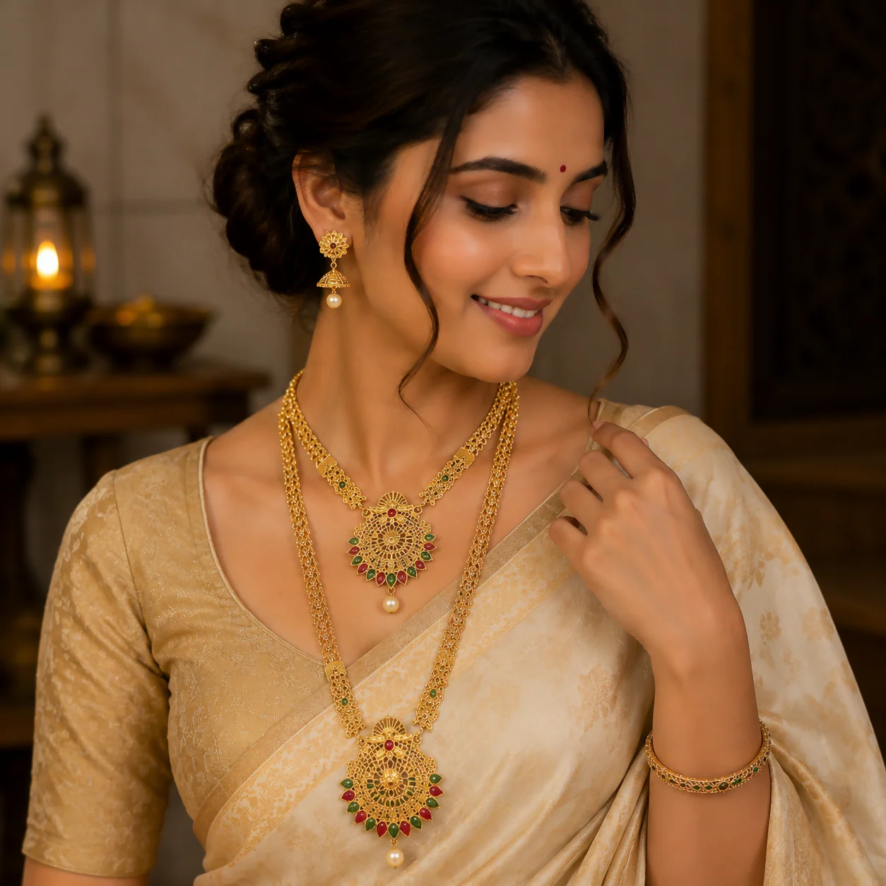 Traditional Gold Plated Long Necklace Set for Women with Earrings Elegant Jewellery - Image 3