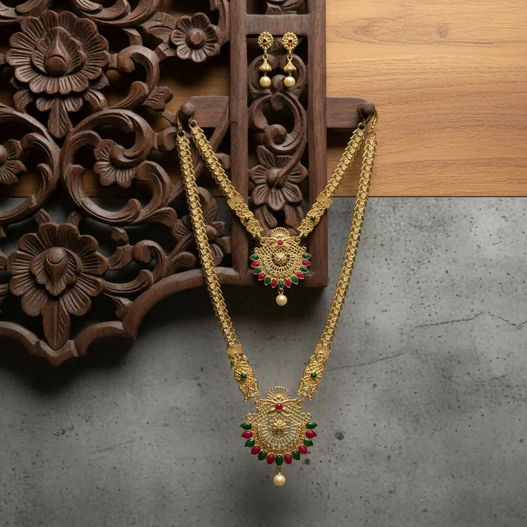 Traditional Gold Plated Long Necklace Set for Women with Earrings Elegant Jewellery - Image 4