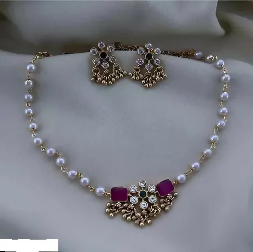 Meenakari Necklace – Gold-Plated Rose Double Pendant with Tassels - Image 4
