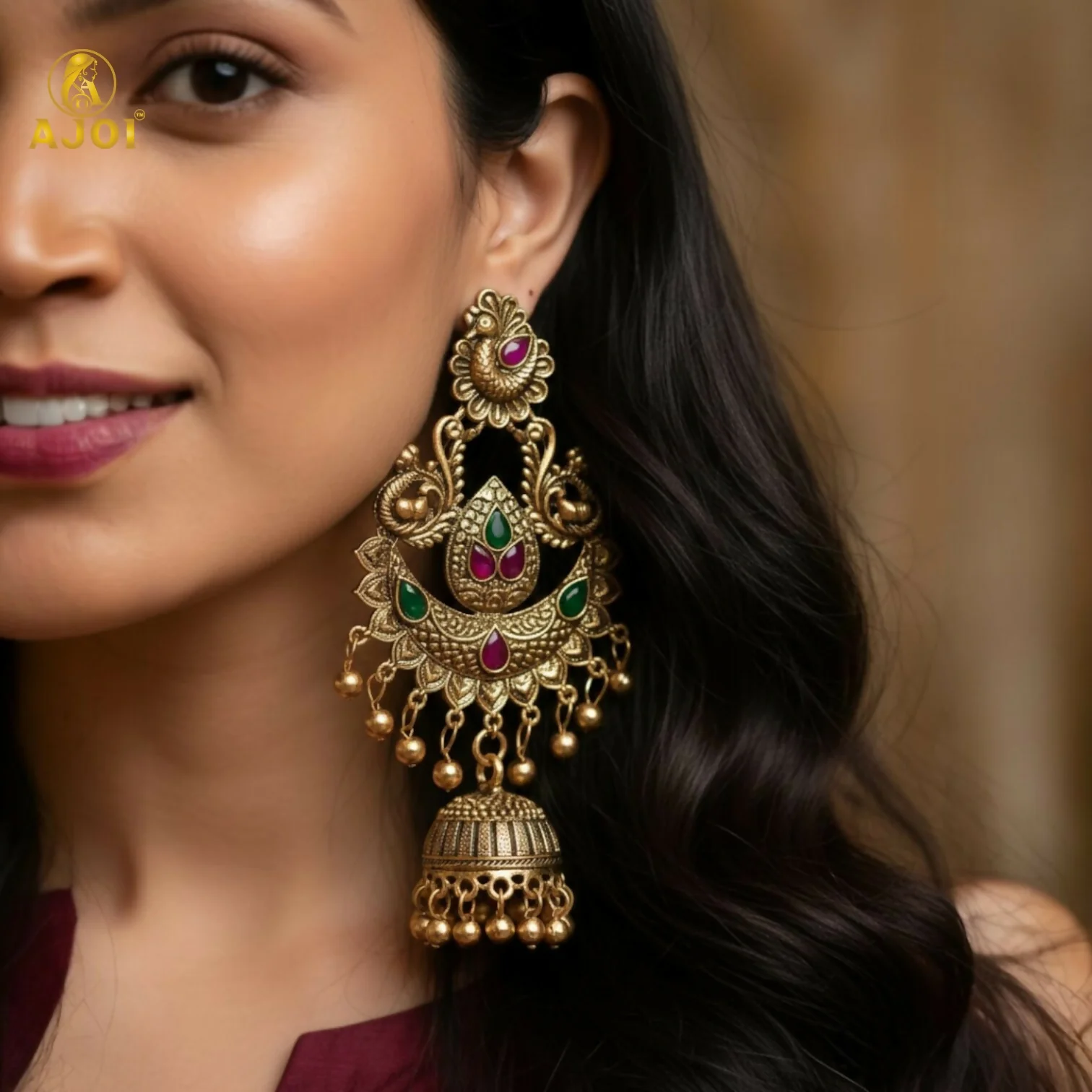 Peacock Jhumka Earrings – Gold Plated with Green & Pink Stones - Image 2