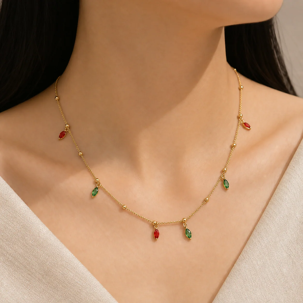 Traditional Gold Plated Ruby Emerald Oval Stone Charm Necklace Ethnic Wear Women - Image 3