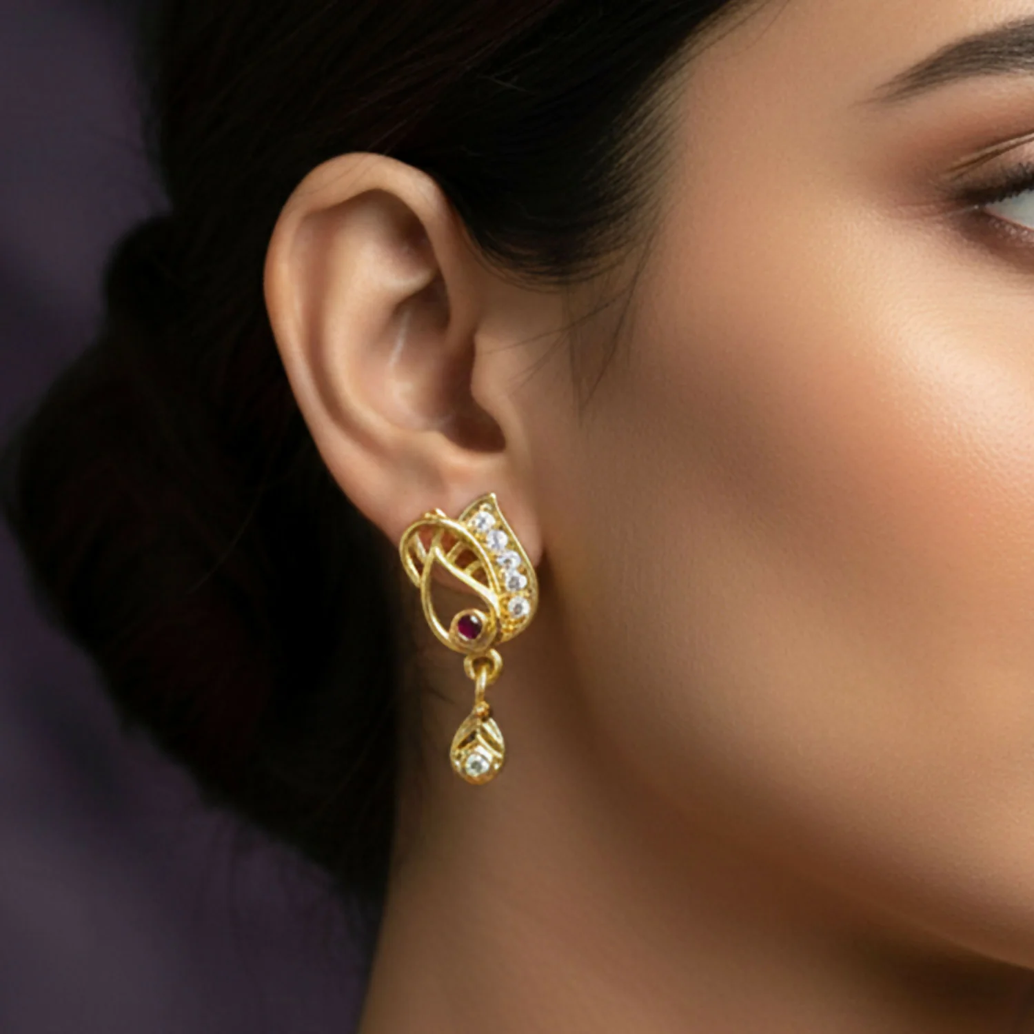 Traditional Gold Plated Teardrop Dangler Earrings With AD Stone And Ruby Detail - Image 3