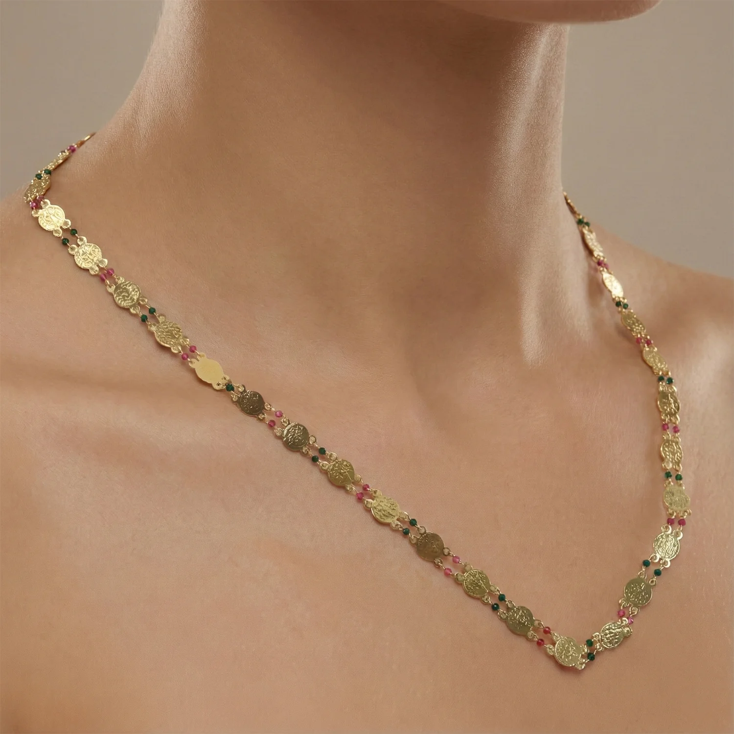 Gold Tone Coin Beaded Necklace – Traditional Ethnic Long Chain - Image 6