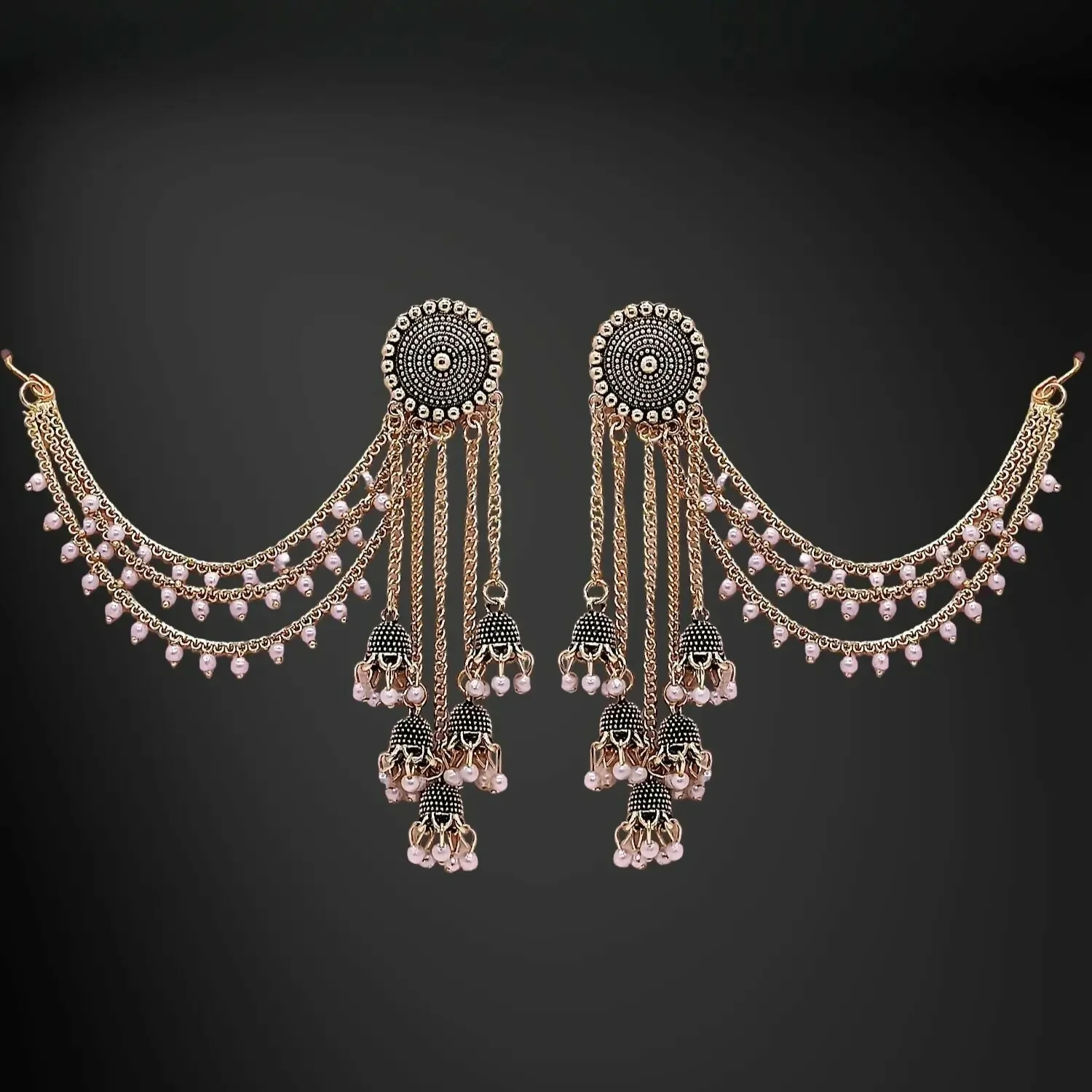Gold Jhumka Earrings with Pearl Drops - Elegant Layered Chain Design