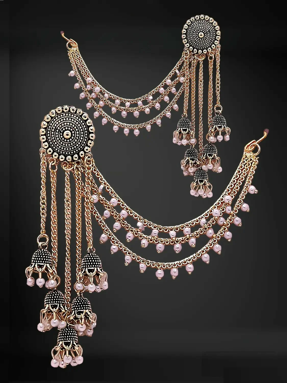 Gold Jhumka Earrings with Pearl Drops - Elegant Layered Chain Design - Image 2