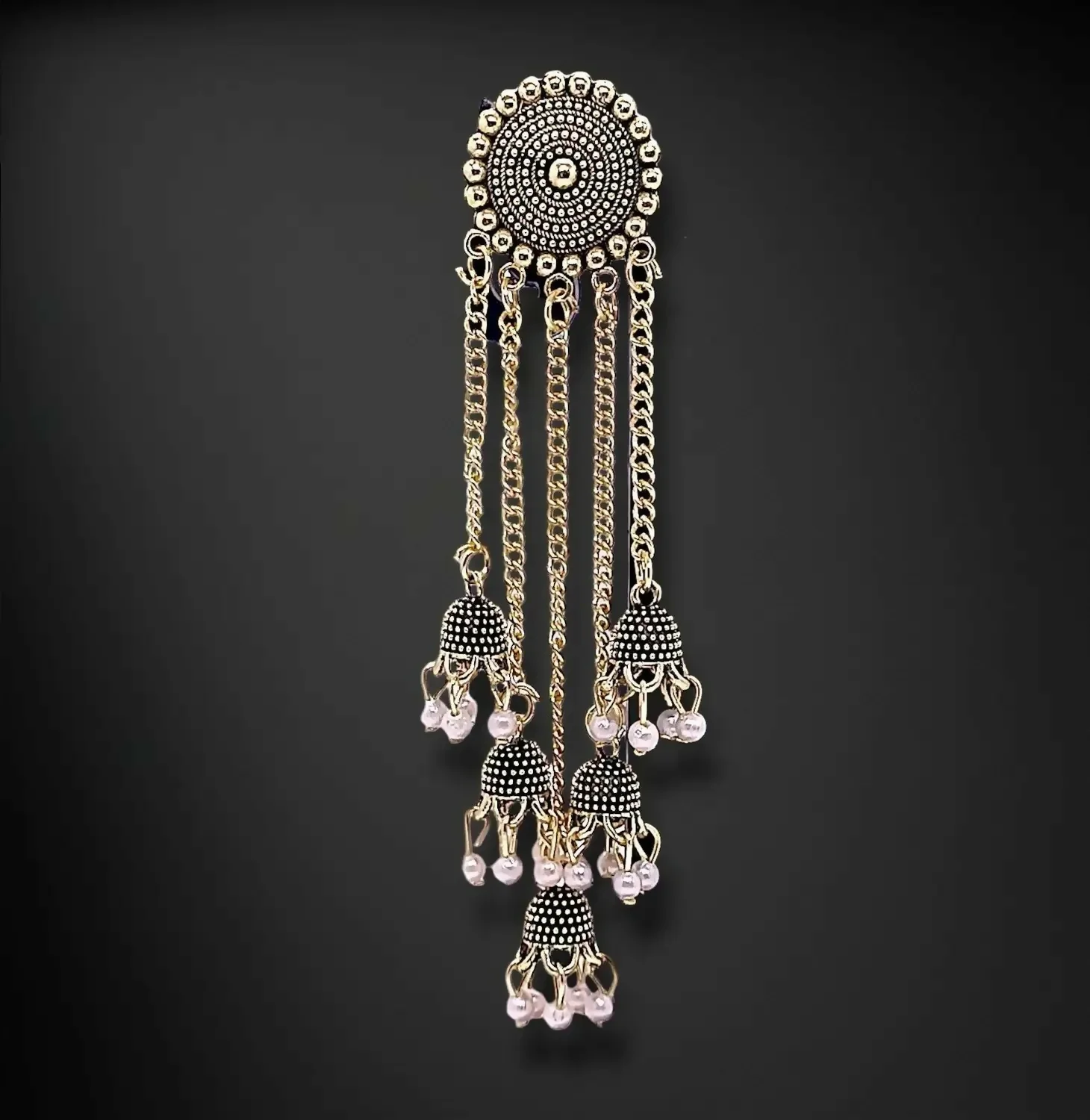 Gold Jhumka Earrings with Pearl Drops - Elegant Layered Chain Design - Image 3