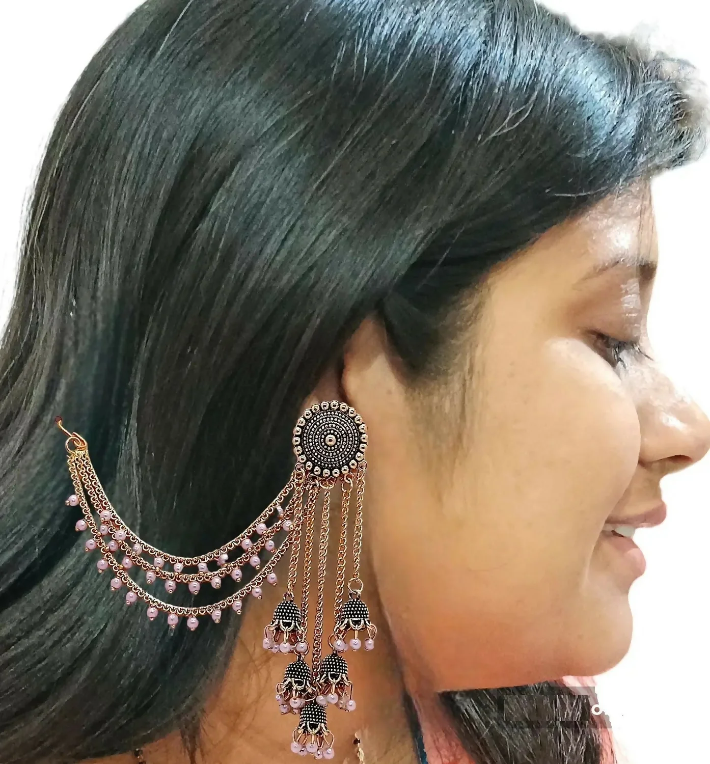 Gold Jhumka Earrings with Pearl Drops - Elegant Layered Chain Design - Image 4